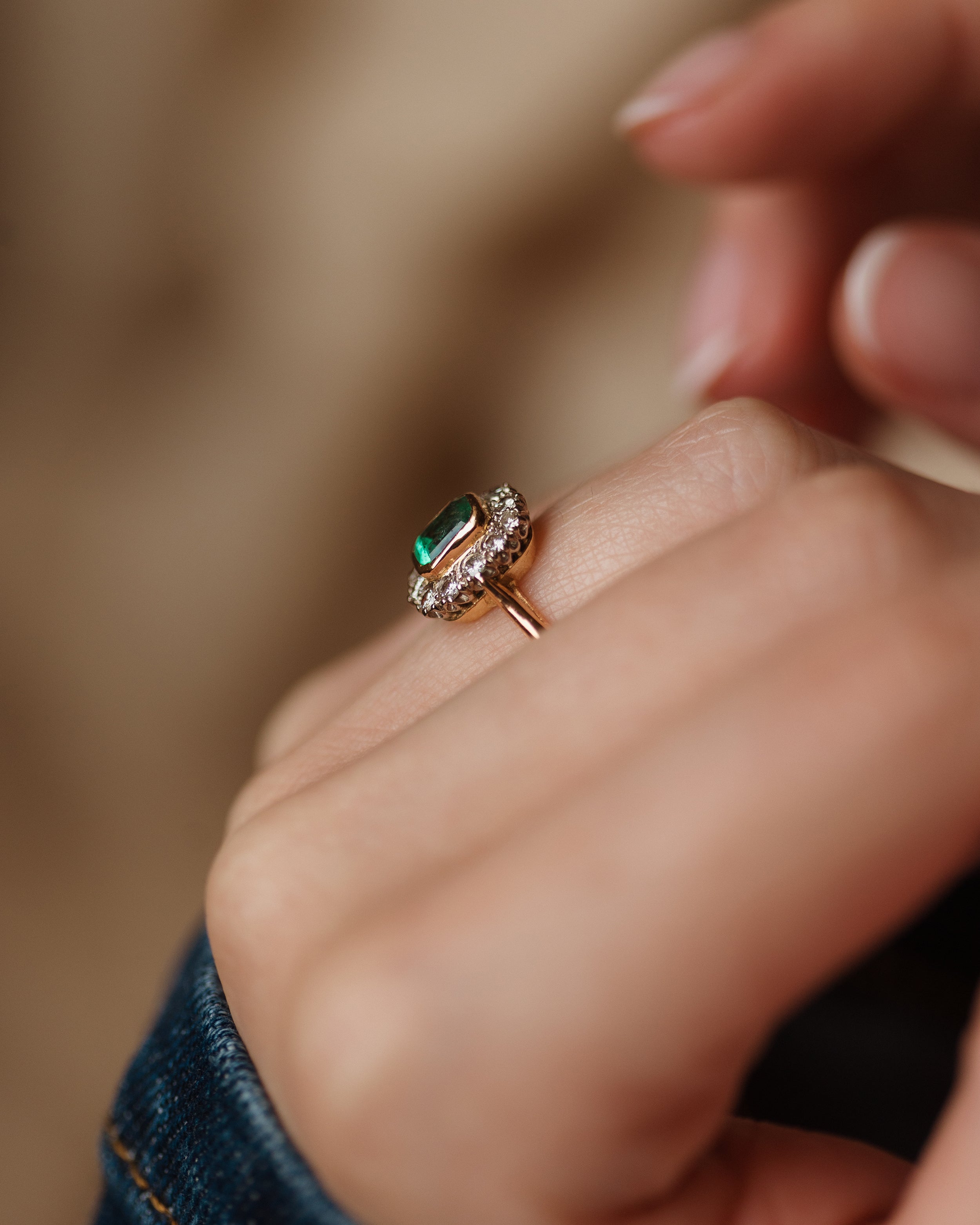 Annmarie Antique 22ct Gold Emerald & Diamond Cluster Ring
