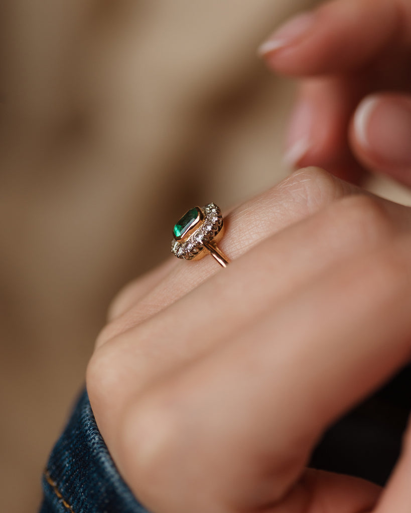 Annmarie Antique 22ct Gold Emerald & Diamond Cluster Ring
