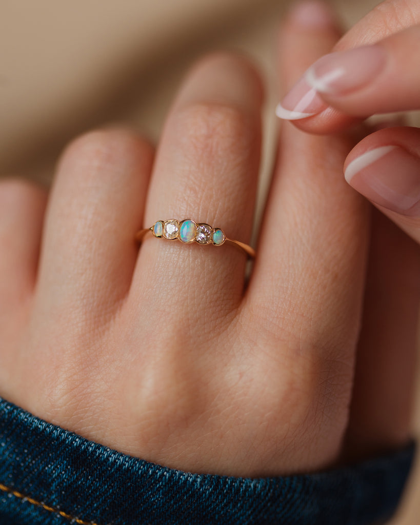 Margot 1870 Antique 18ct Gold Opal & Diamond Five Stone Ring
