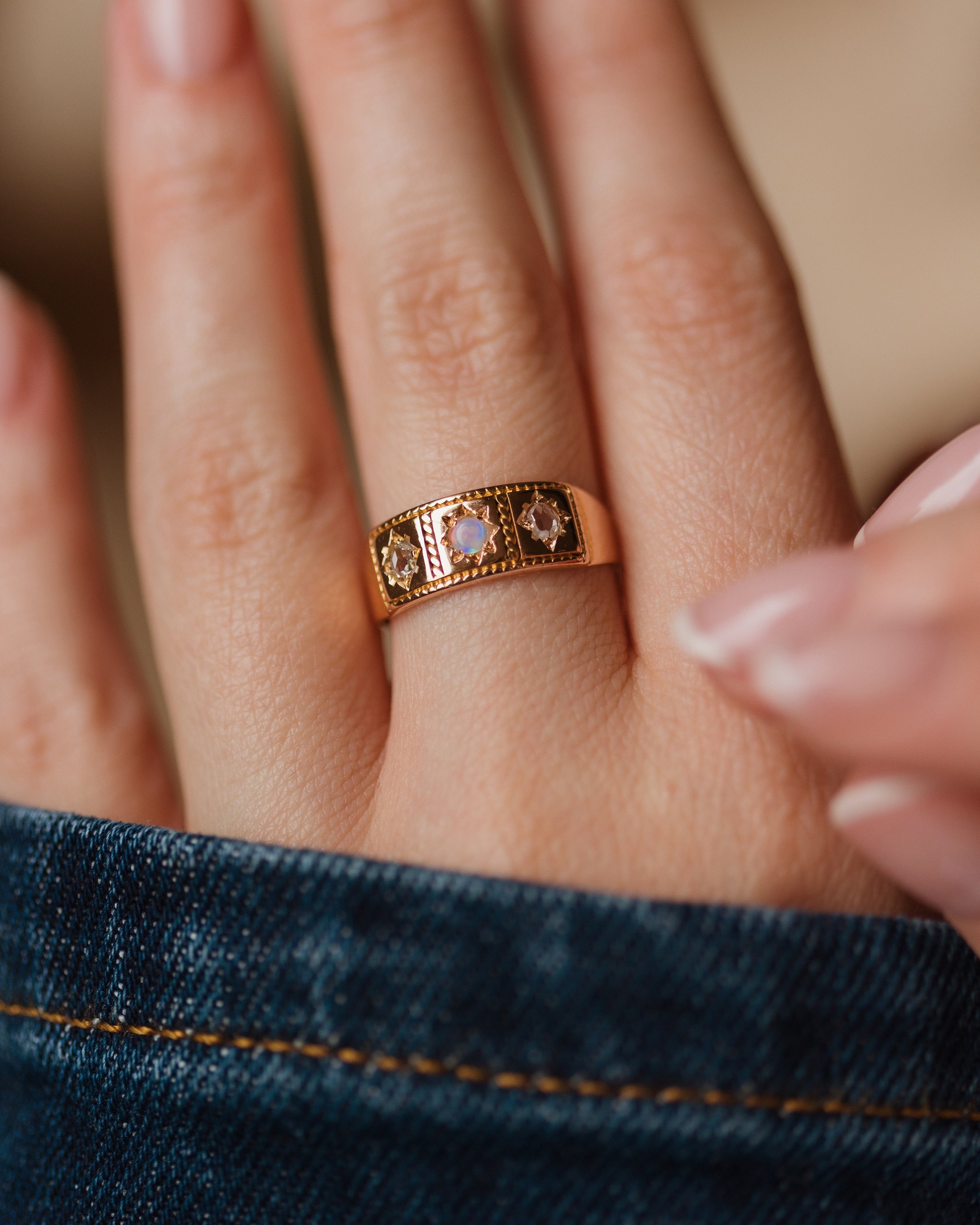 Image of Gracie 1879 Antique 15ct Gold Opal & Diamond Trilogy Ring