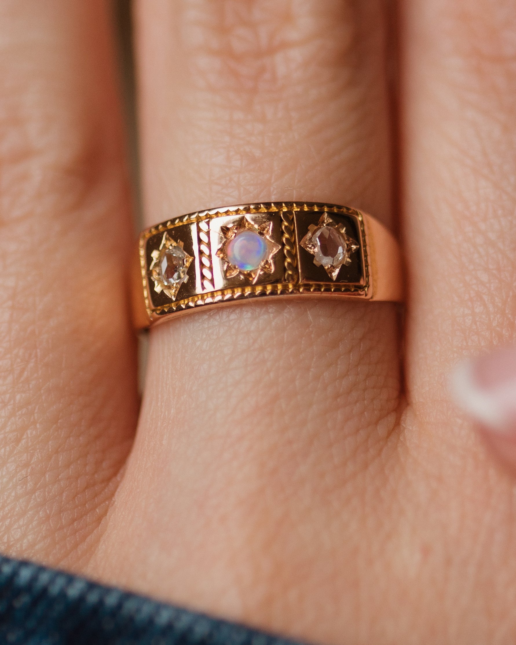 Gracie 1879 Antique 15ct Gold Opal & Diamond Trilogy Ring