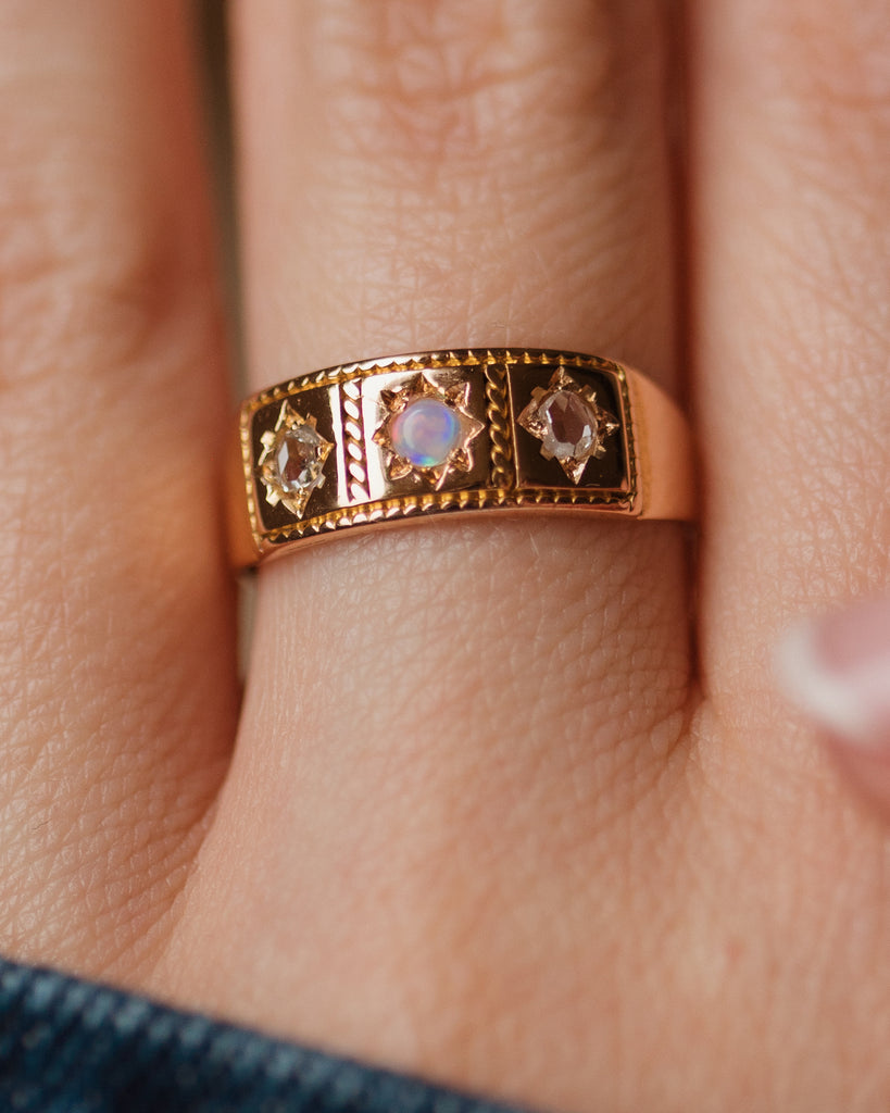 Gracie 1879 Antique 15ct Gold Opal & Diamond Trilogy Ring