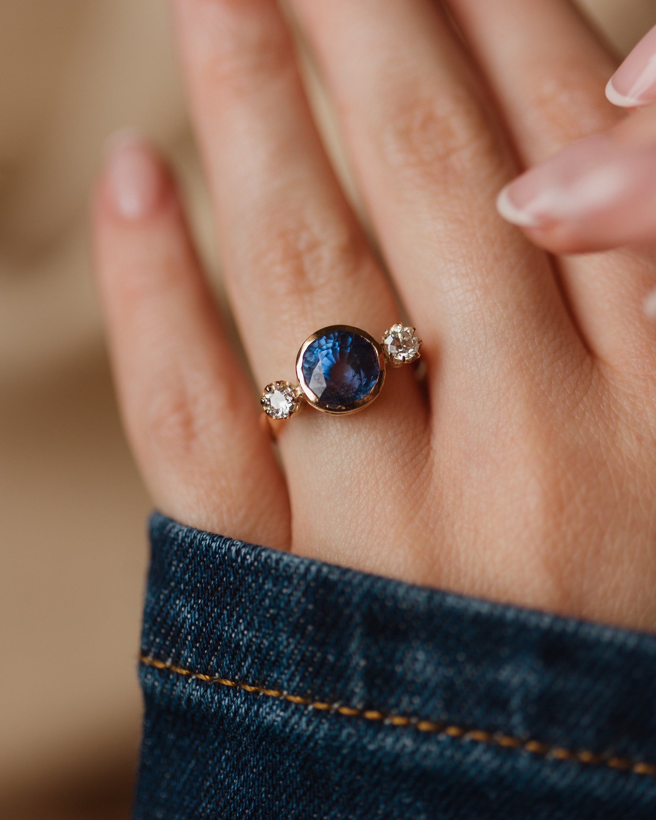 Thomassine Antique 18ct Gold Sapphire & Diamond Trilogy Ring