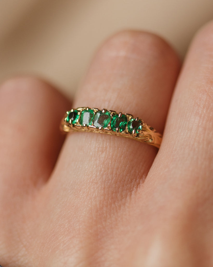 Iris Antique 18ct Gold Emerald Five Stone Ring