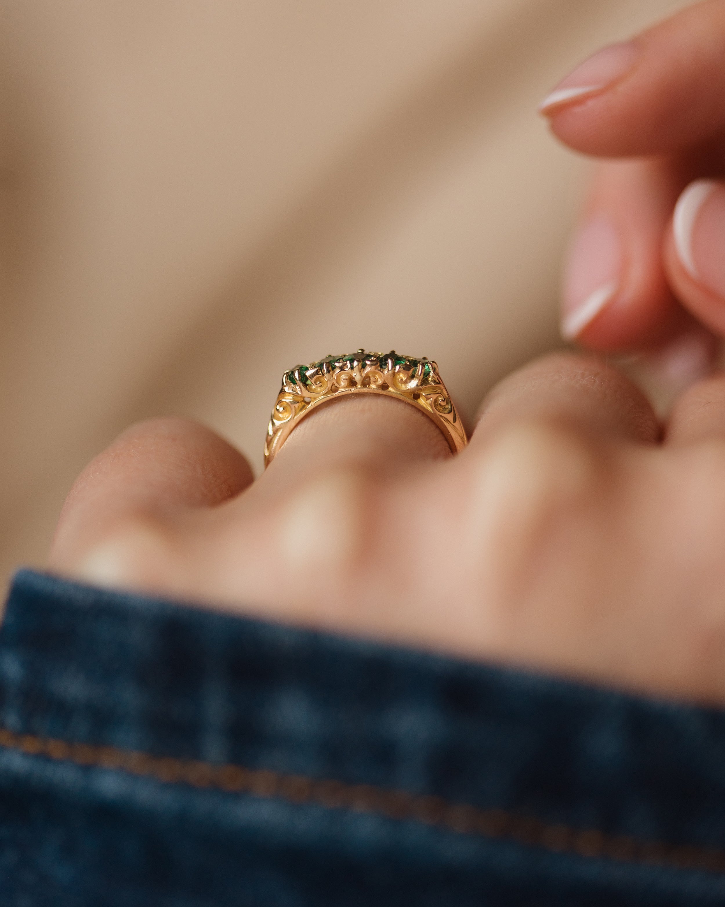 Iris Antique 18ct Gold Emerald Five Stone Ring