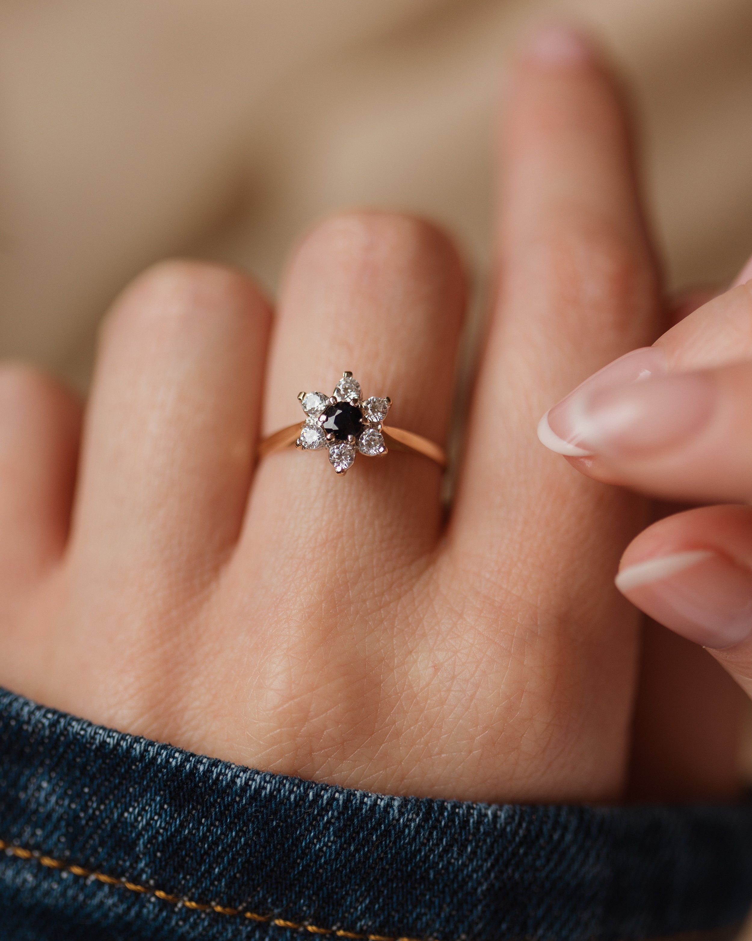 Image of Sylvaine 1982 Vintage 18ct Gold Sapphire & Diamond Cluster Ring