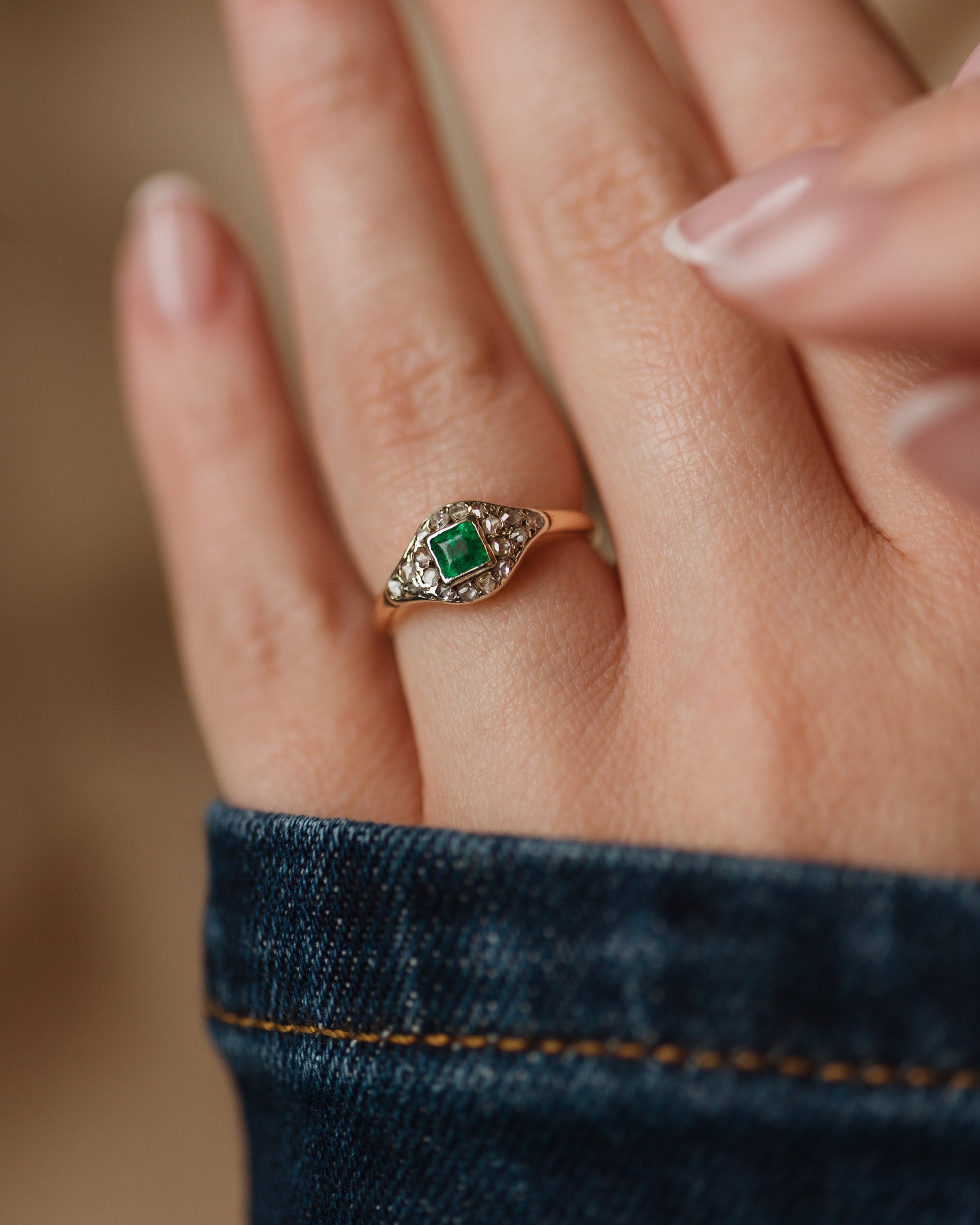 Colette Antique 18ct Gold Emerald & Diamond Cluster Ring