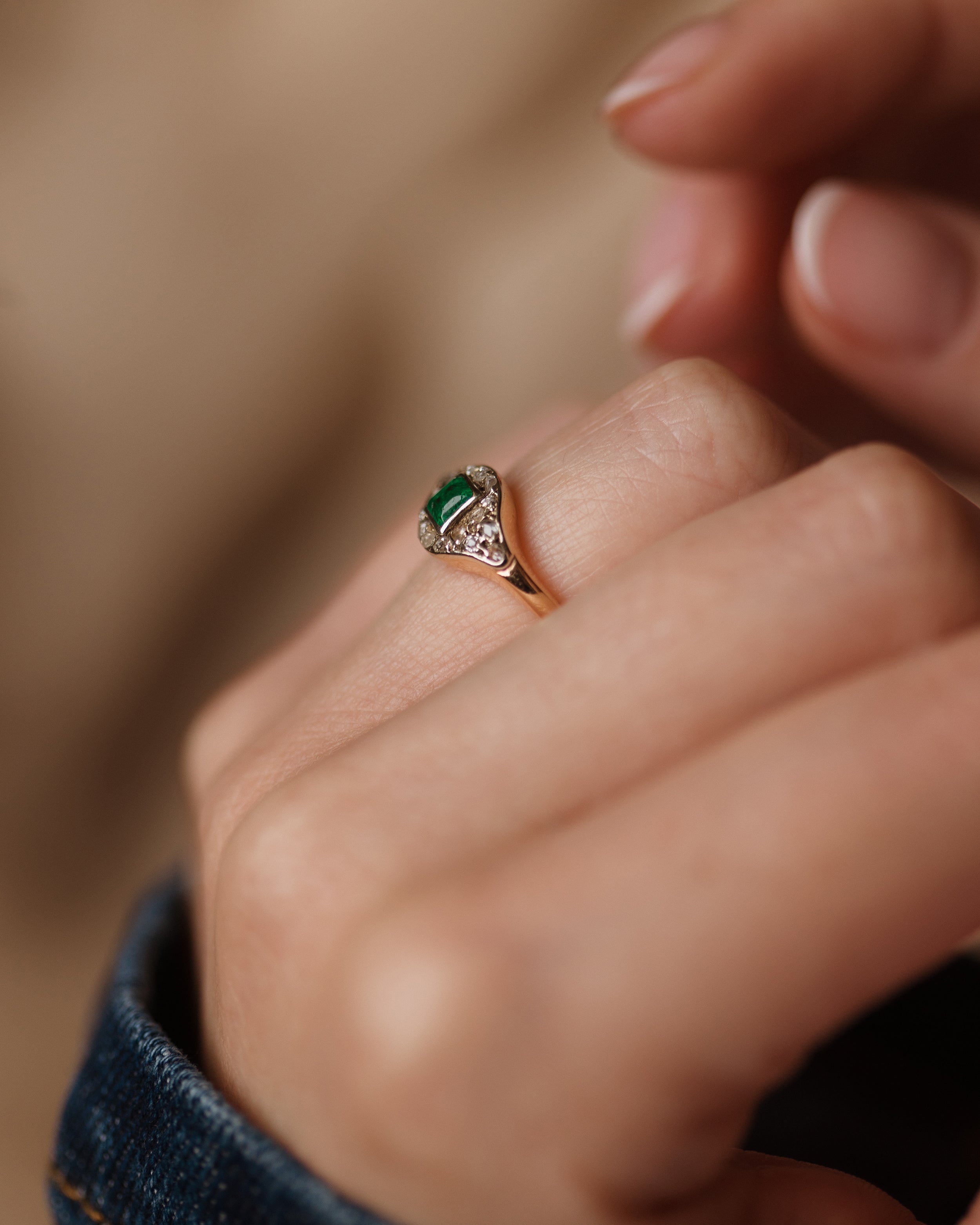 Colette Antique 18ct Gold Emerald & Diamond Cluster Ring