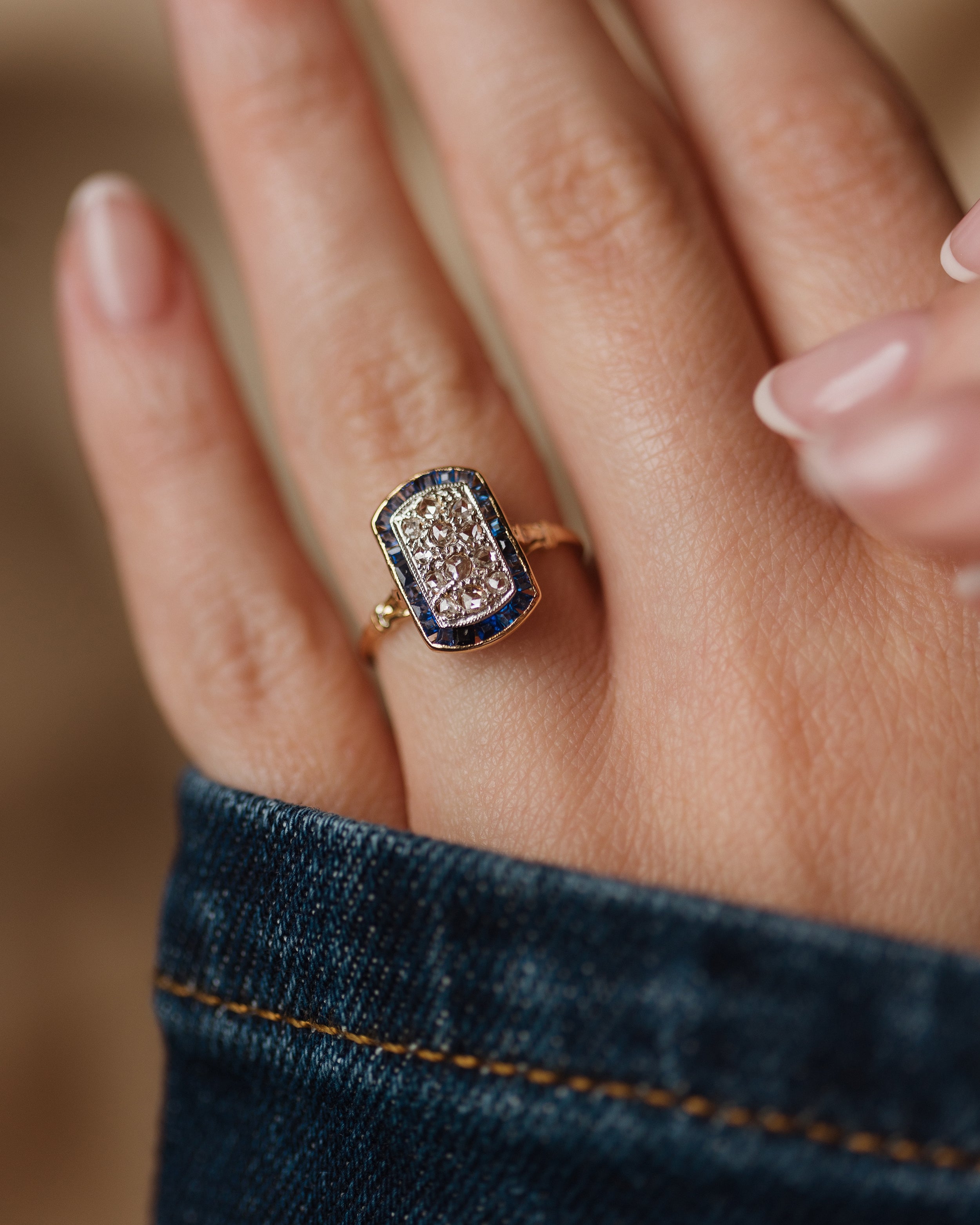 Image of Geneviève Antique Art Deco 18ct Gold Diamond & Sapphire Panel Ring