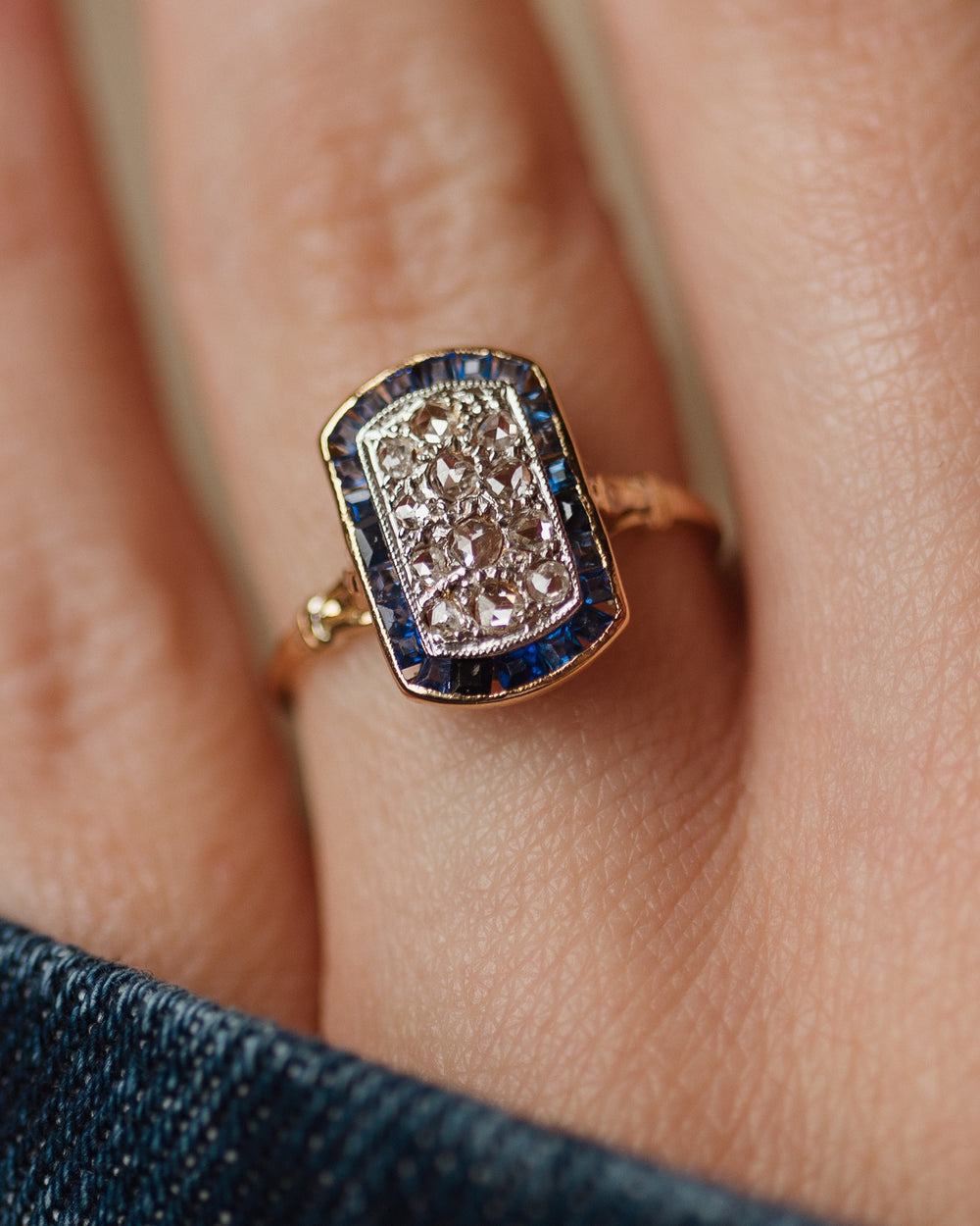 Geneviève Antique Art Deco 18ct Gold Diamond & Sapphire Panel Ring