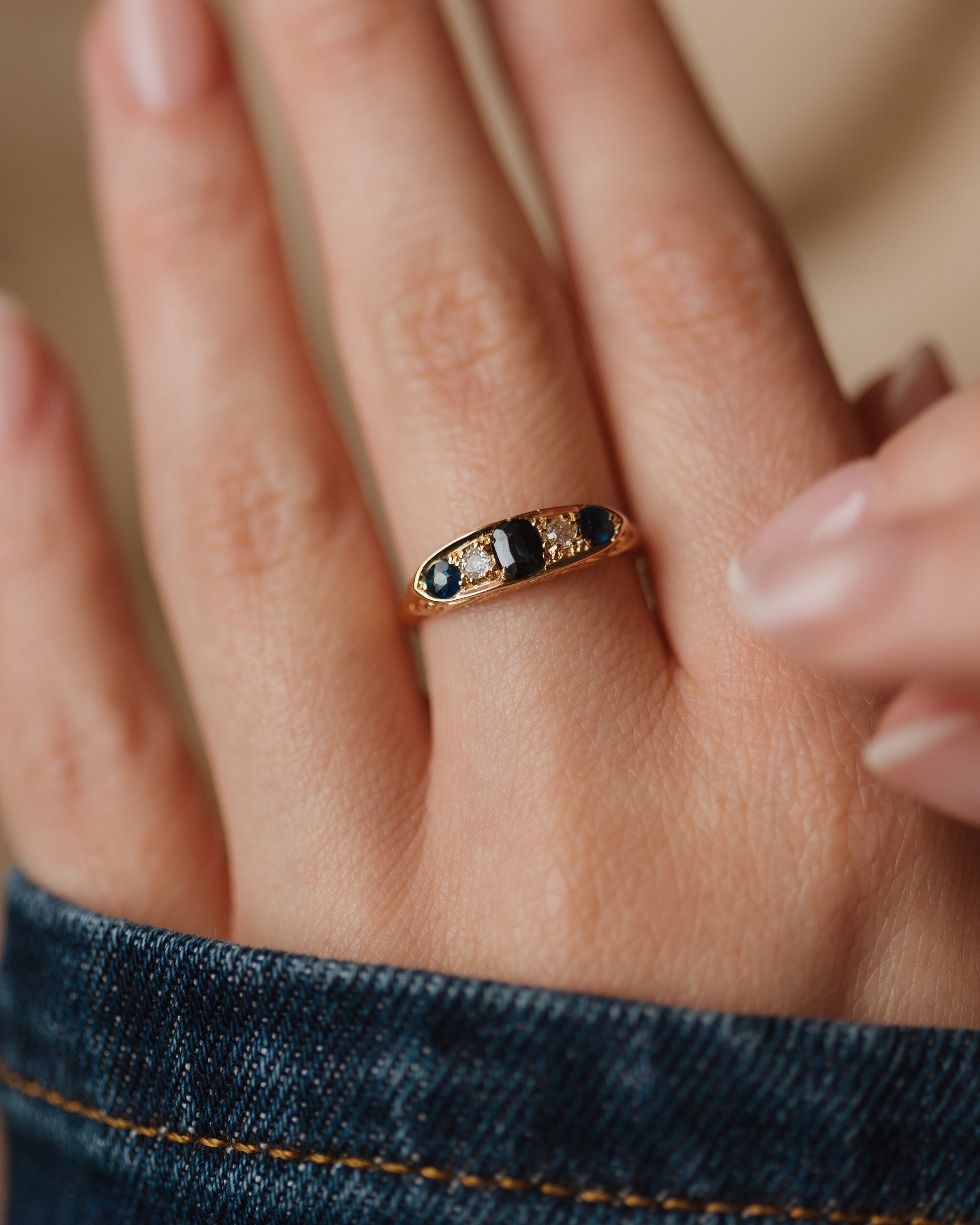 Image of Nathalie 1916 Antique 18ct Gold Sapphire & Diamond Five Stone Ring