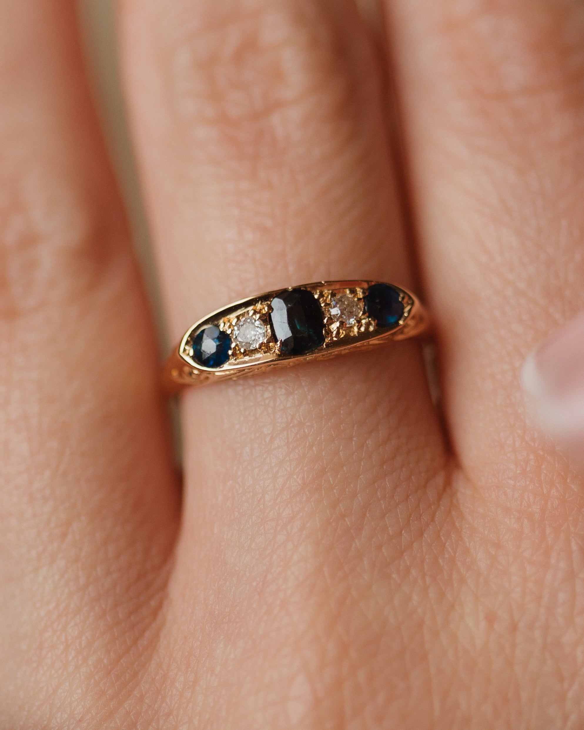 Nathalie 1916 Antique 18ct Gold Sapphire & Diamond Five Stone Ring