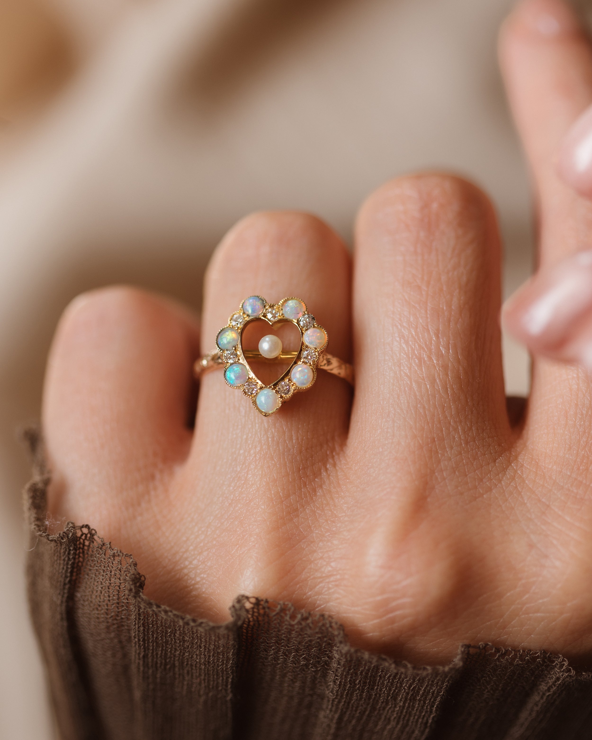 Jessamine Antique 15ct Gold Opal, Pearl & Diamond Heart Ring