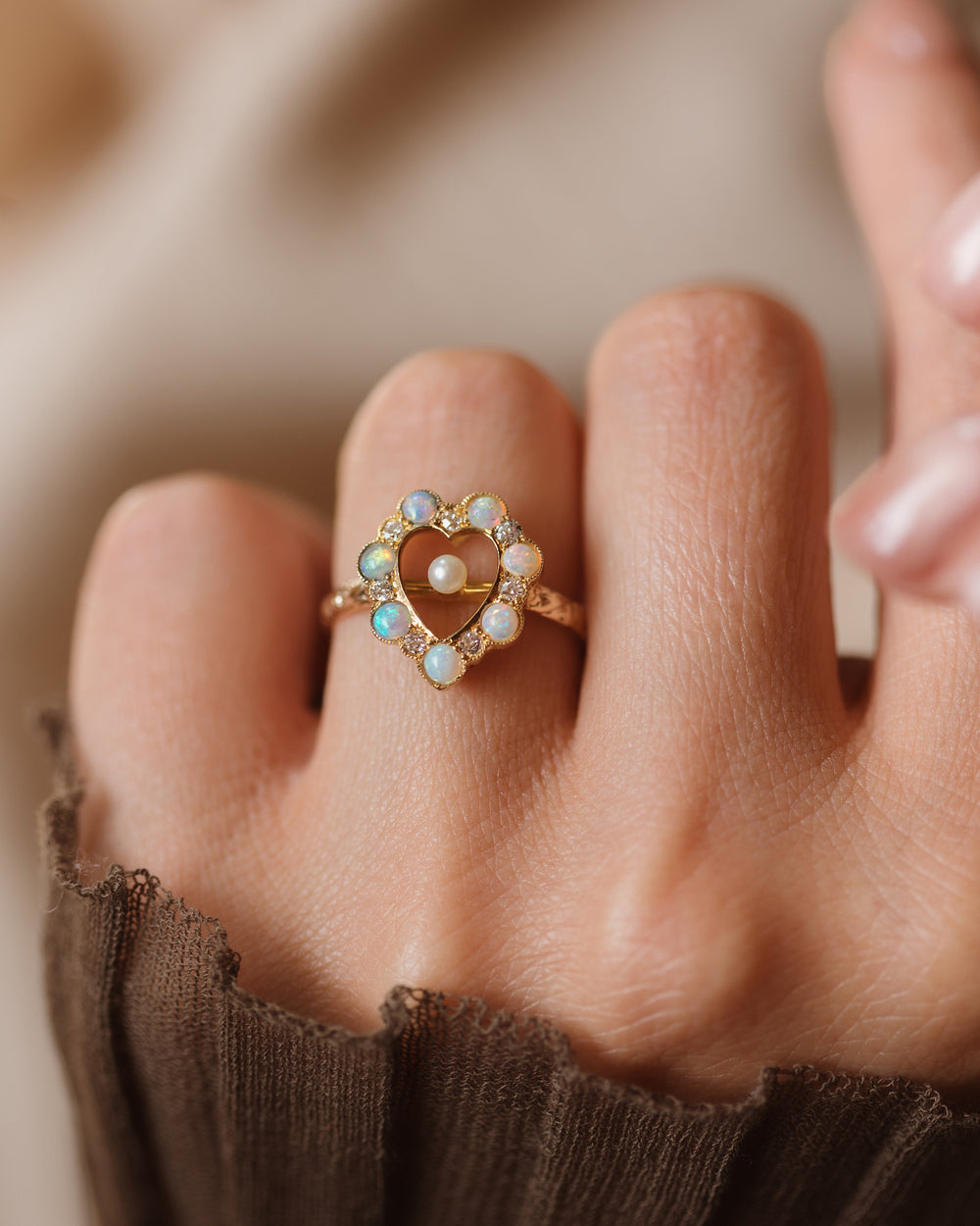 Jessamine Antique 15ct Gold Opal, Pearl & Diamond Heart Ring