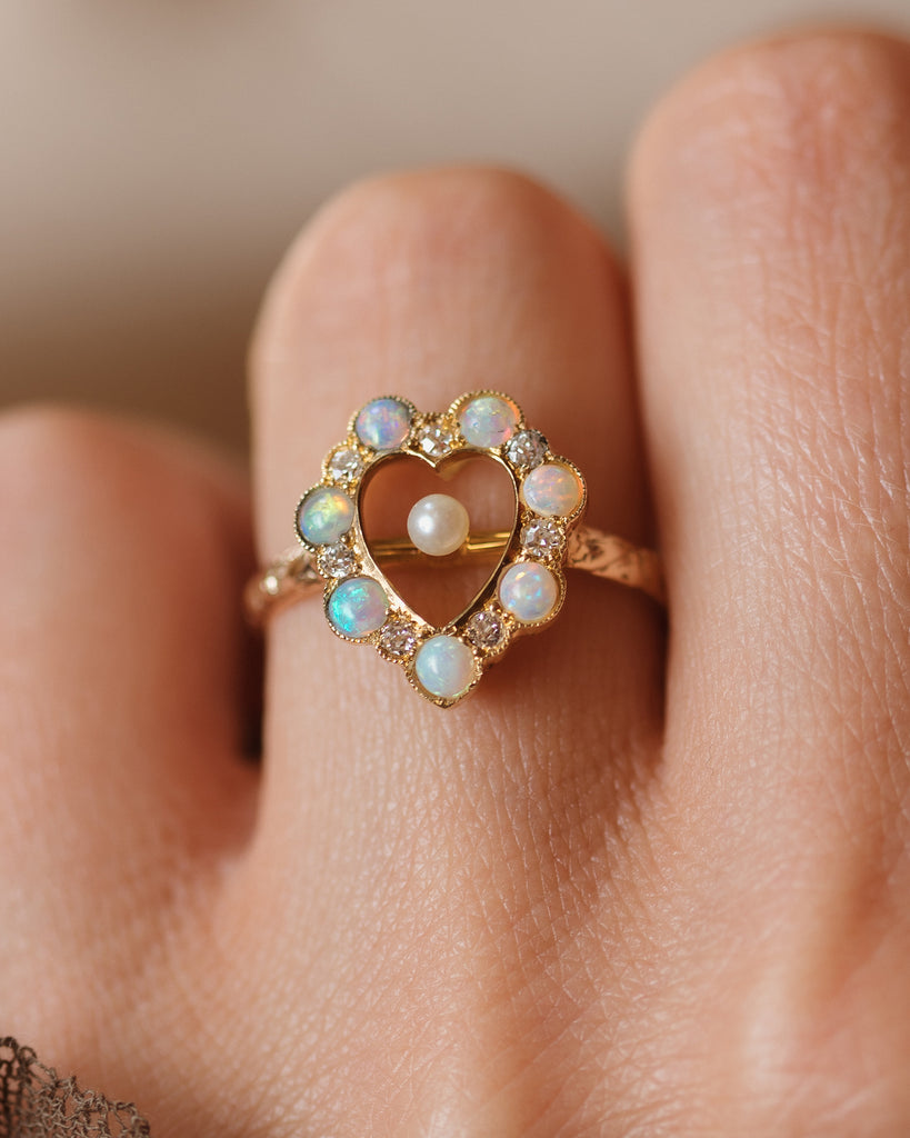 Jessamine Antique 15ct Gold Opal, Pearl & Diamond Heart Ring