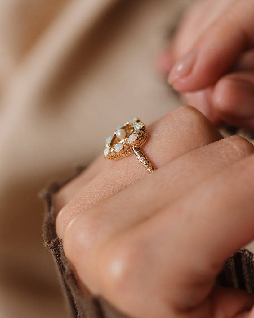 Jessamine Antique 15ct Gold Opal, Pearl & Diamond Heart Ring