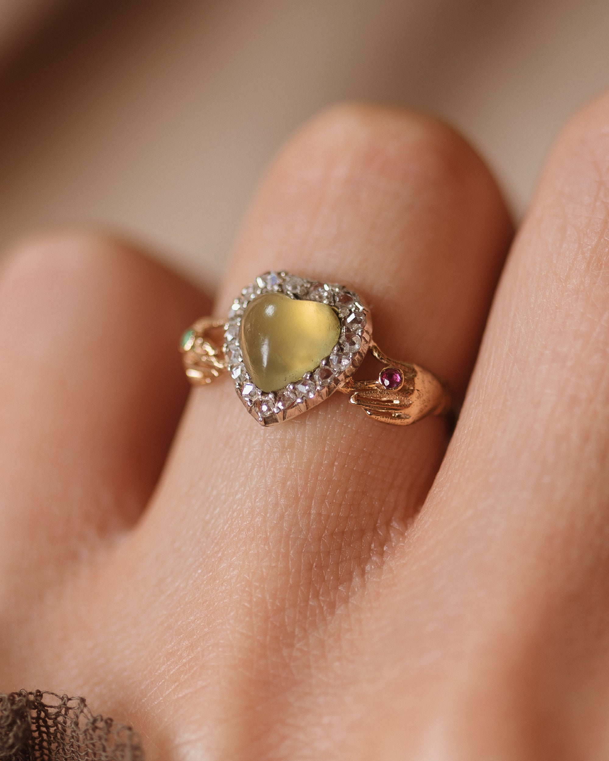 Virginie Antique 15ct Gold Chrysoberyl & Diamond Claddagh Ring