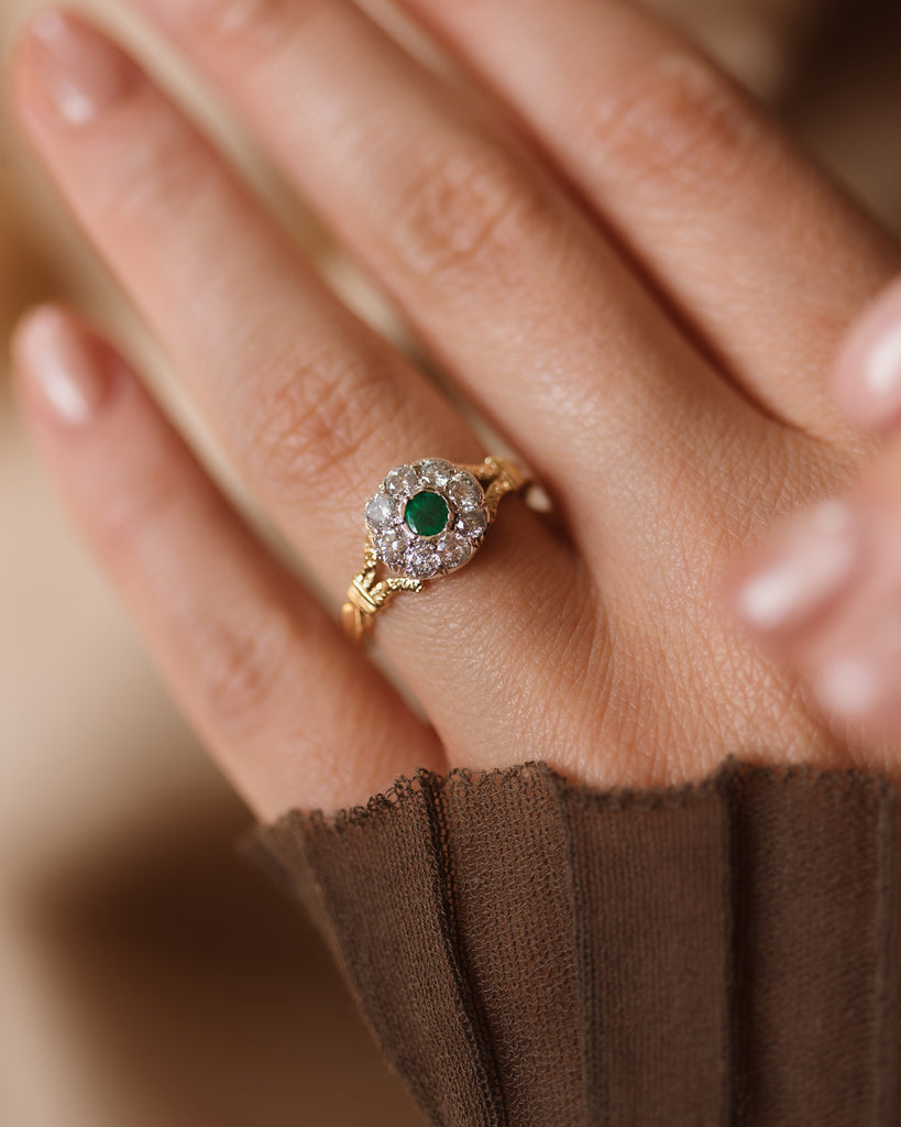 Martha Antique 18ct Gold Emerald & Diamond Cluster Ring