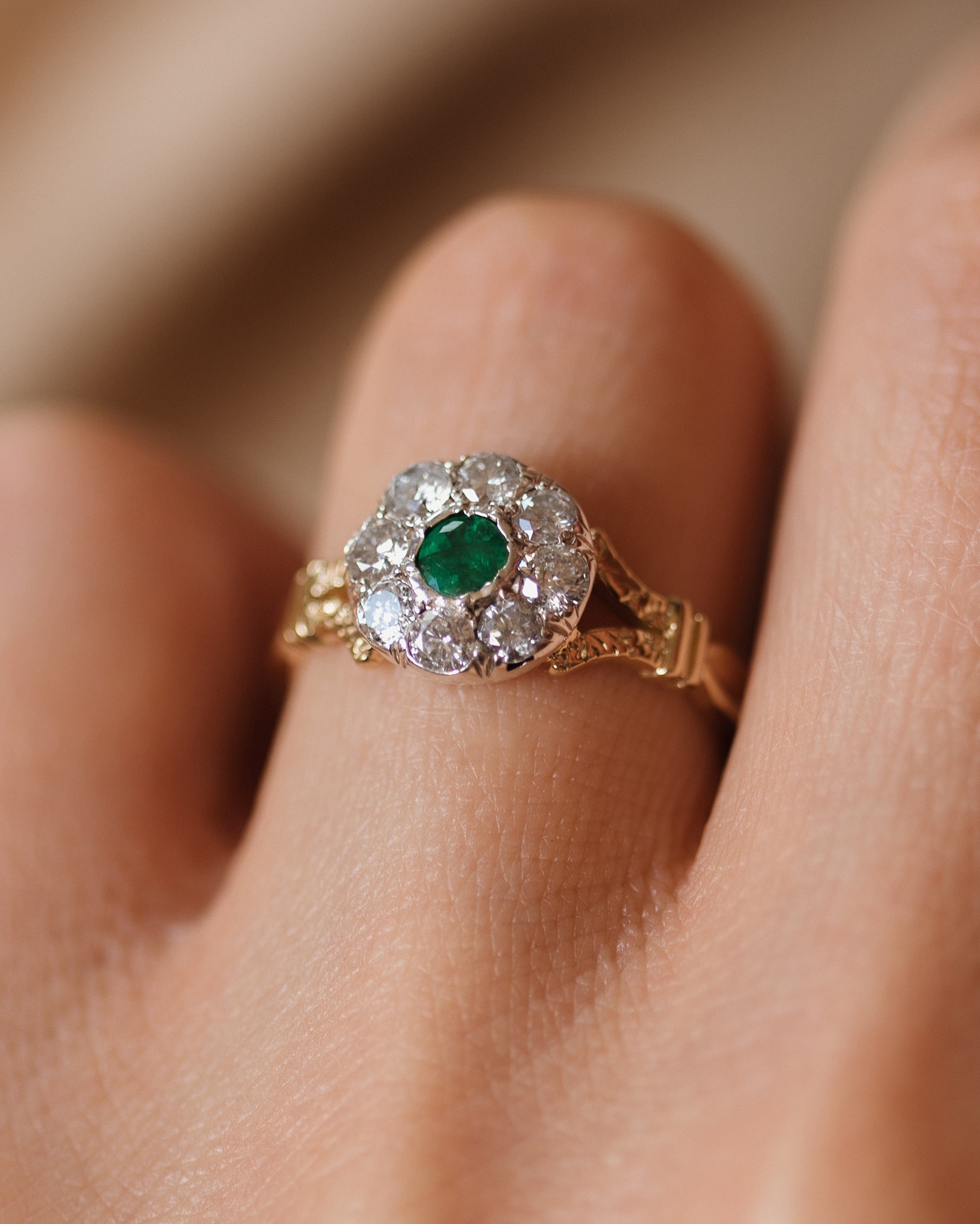 Martha Antique 18ct Gold Emerald & Diamond Cluster Ring