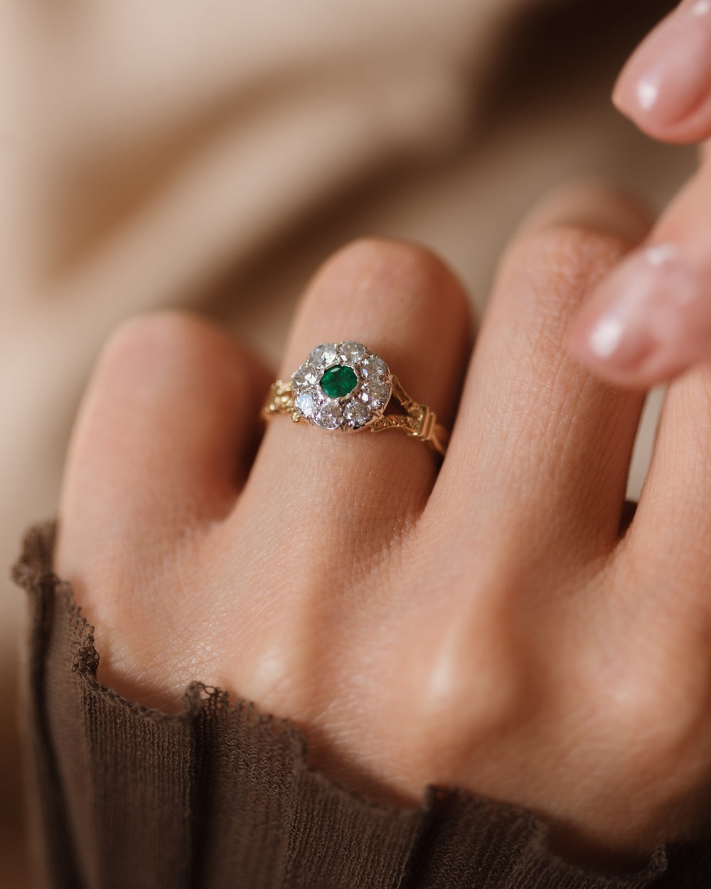Martha Antique 18ct Gold Emerald & Diamond Cluster Ring