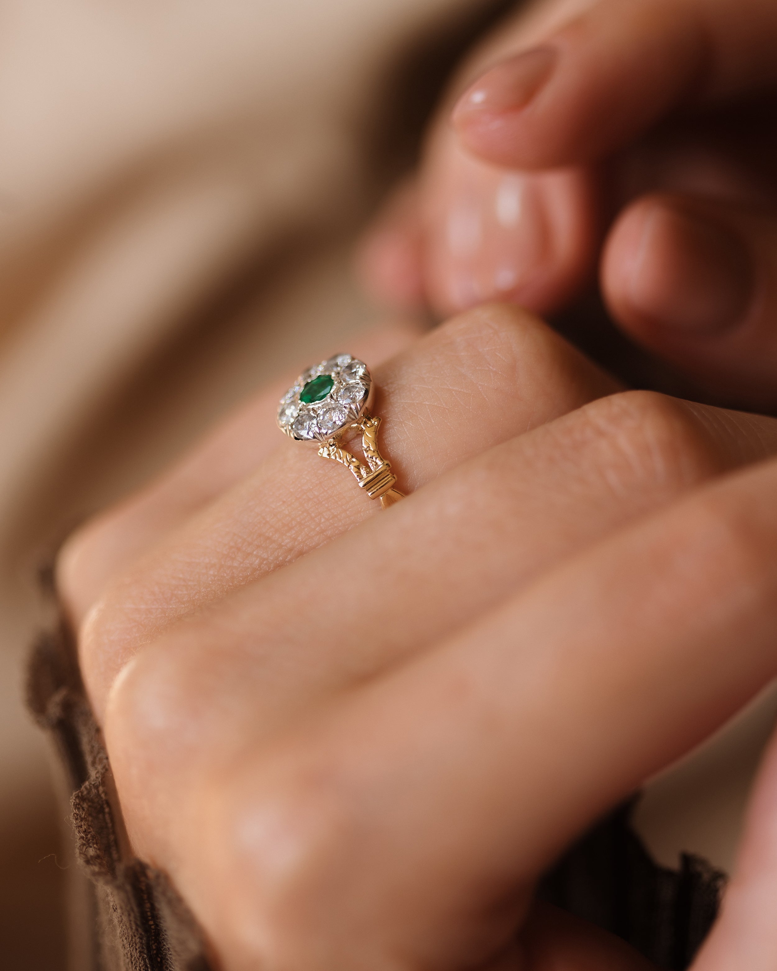Martha Antique 18ct Gold Emerald & Diamond Cluster Ring