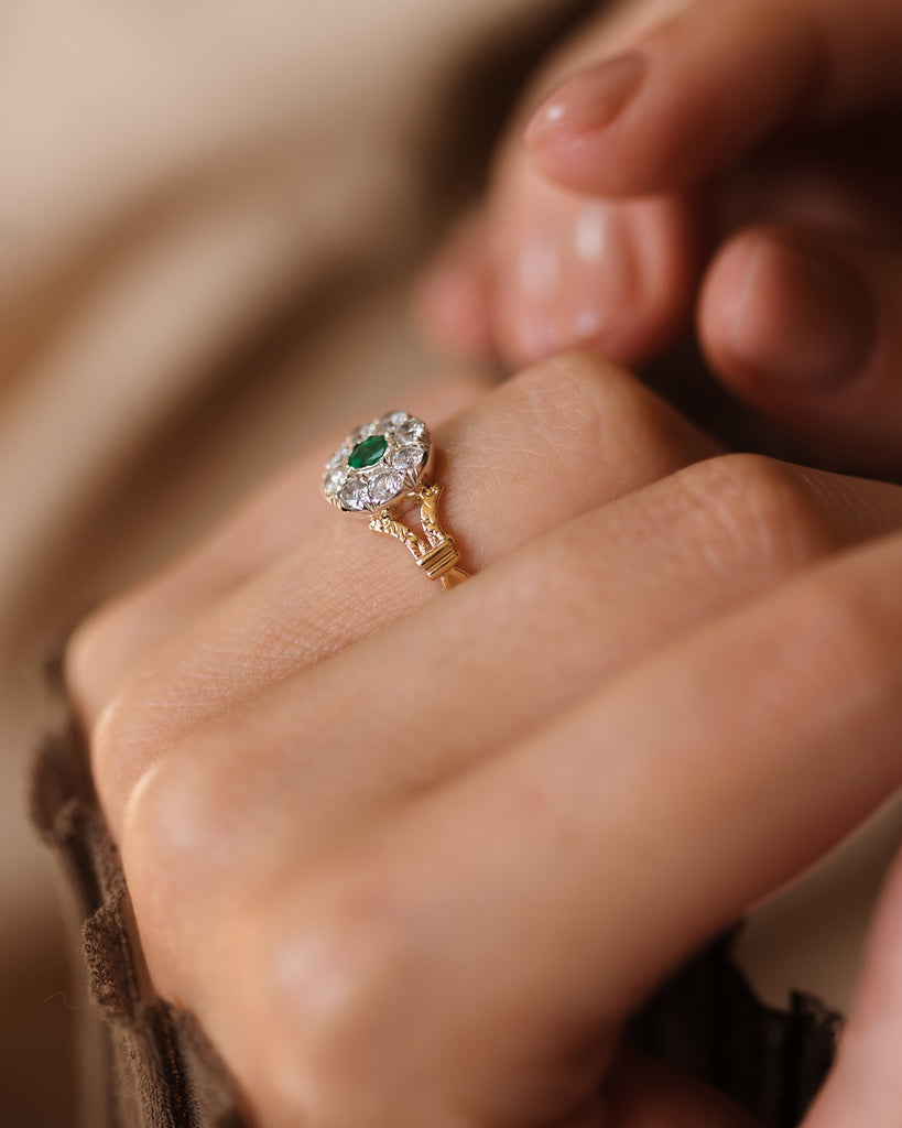 Martha Antique 18ct Gold Emerald & Diamond Cluster Ring