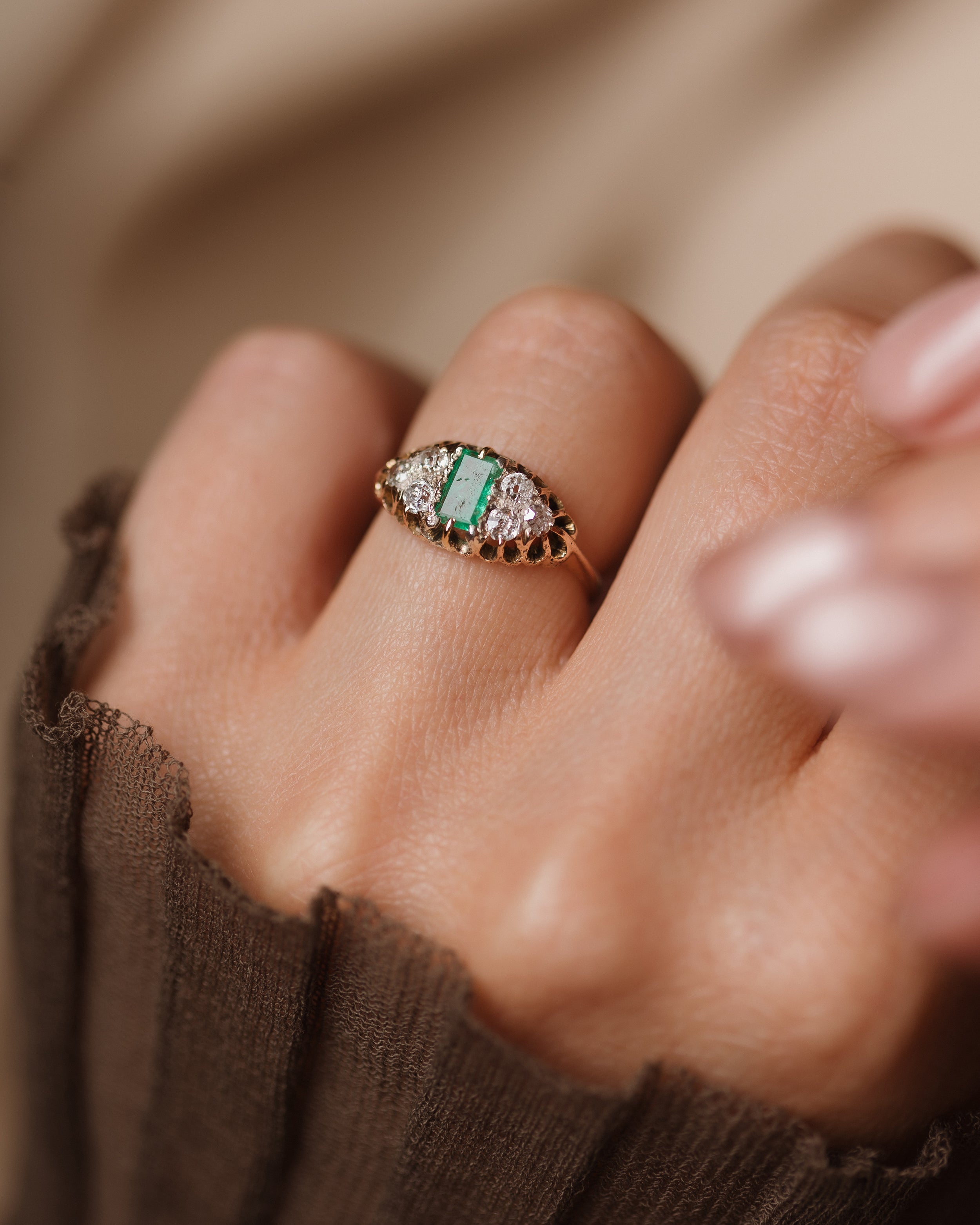 Image of Albertina Antique 15ct Gold Emerald & Diamond Seven Stone Ring