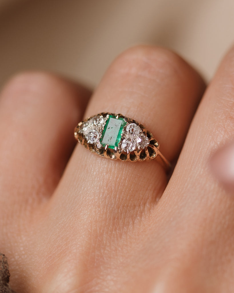 Albertina Antique 15ct Gold Emerald & Diamond Seven Stone Ring