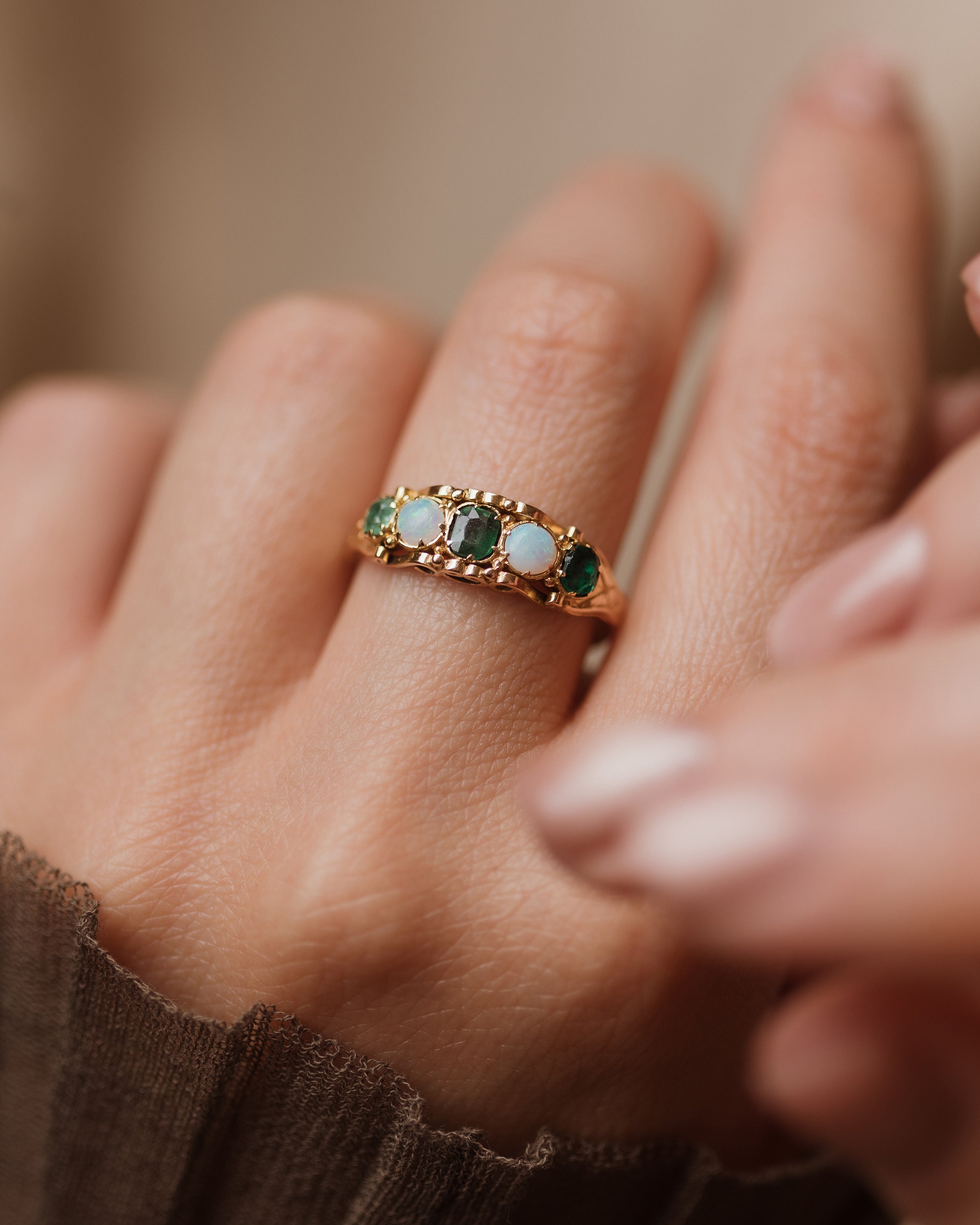 Image of Cressida Antique Victorian 18ct Gold Emerald & Opal Five Stone Ring
