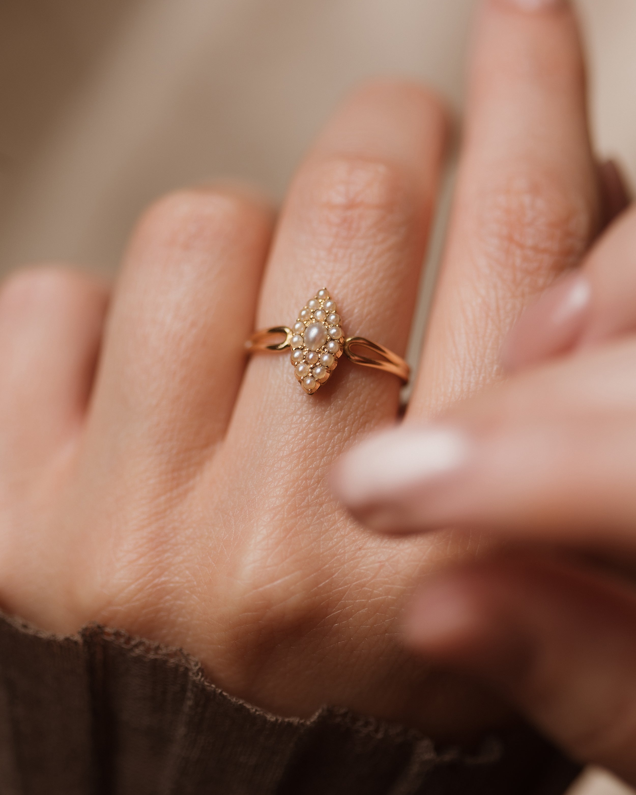 Ophelia Antique 15ct Gold Pearl Marquise Cluster Ring