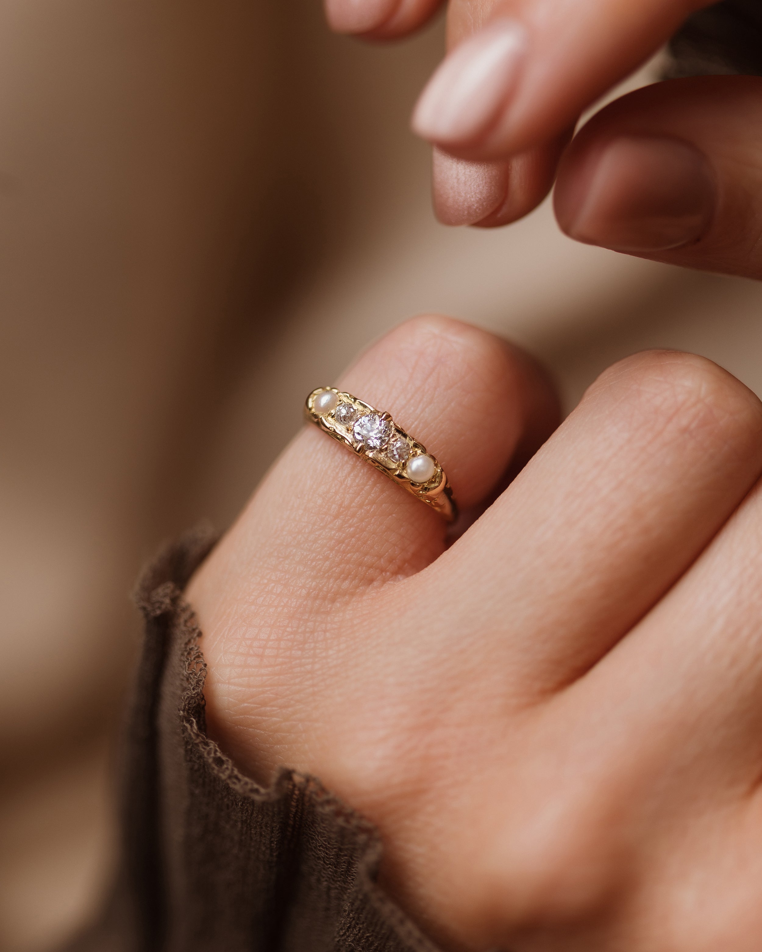 Image of Phyllis 1912 Antique 18ct Gold Diamond & Pearl Five Stone Ring