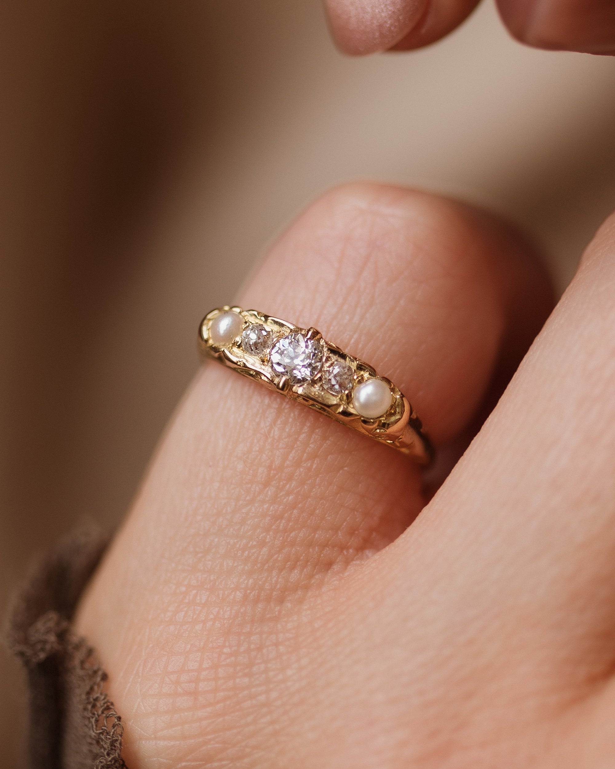Phyllis 1912 Antique 18ct Gold Diamond & Pearl Five Stone Ring