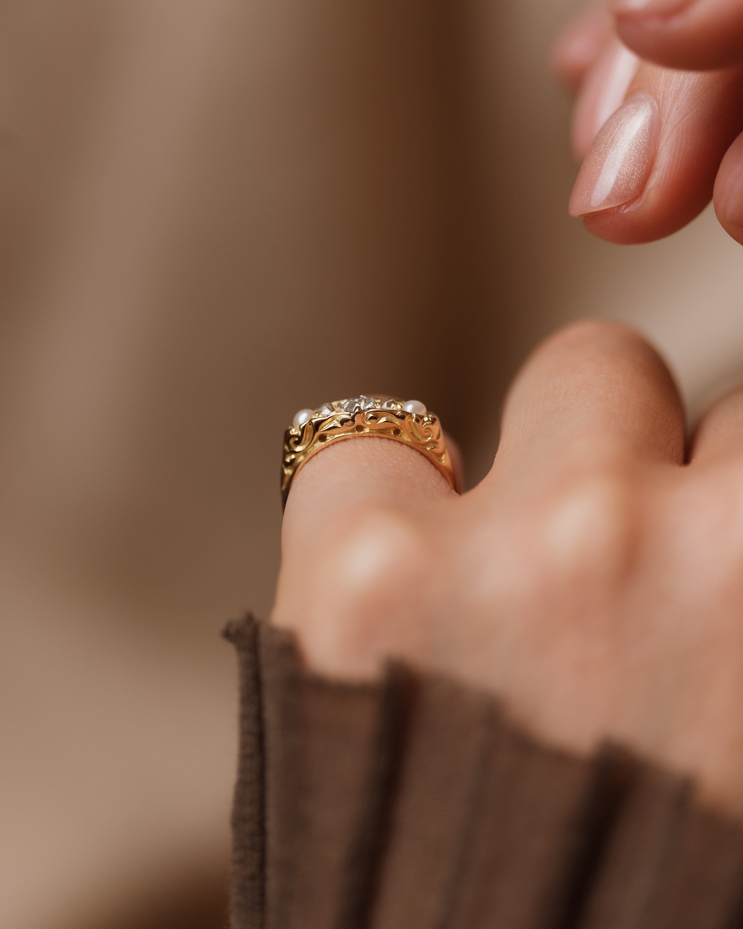 Phyllis 1912 Antique 18ct Gold Diamond & Pearl Five Stone Ring