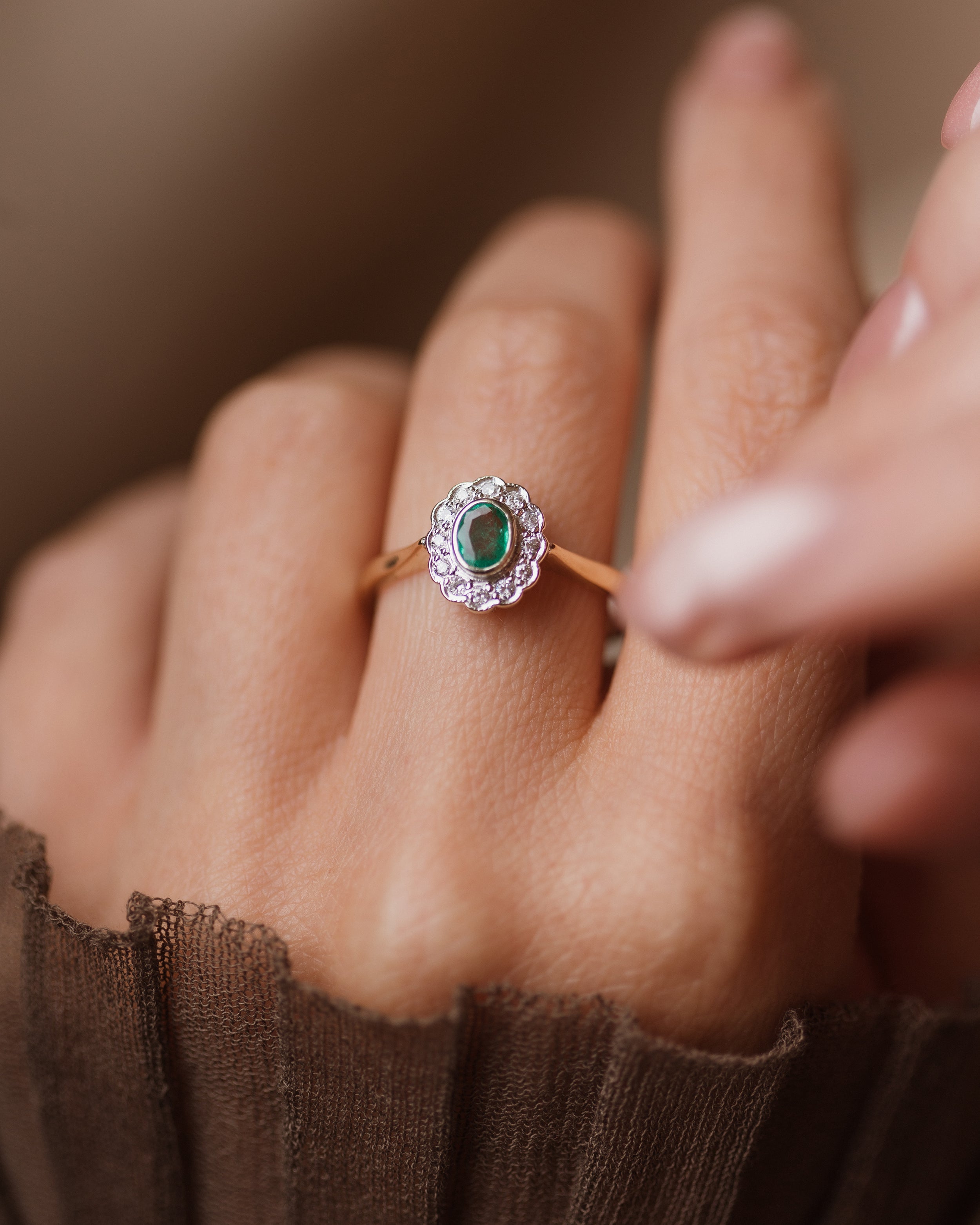 Image of Selma 1996 Vintage 9ct Gold Emerald & Diamond Cluster Ring