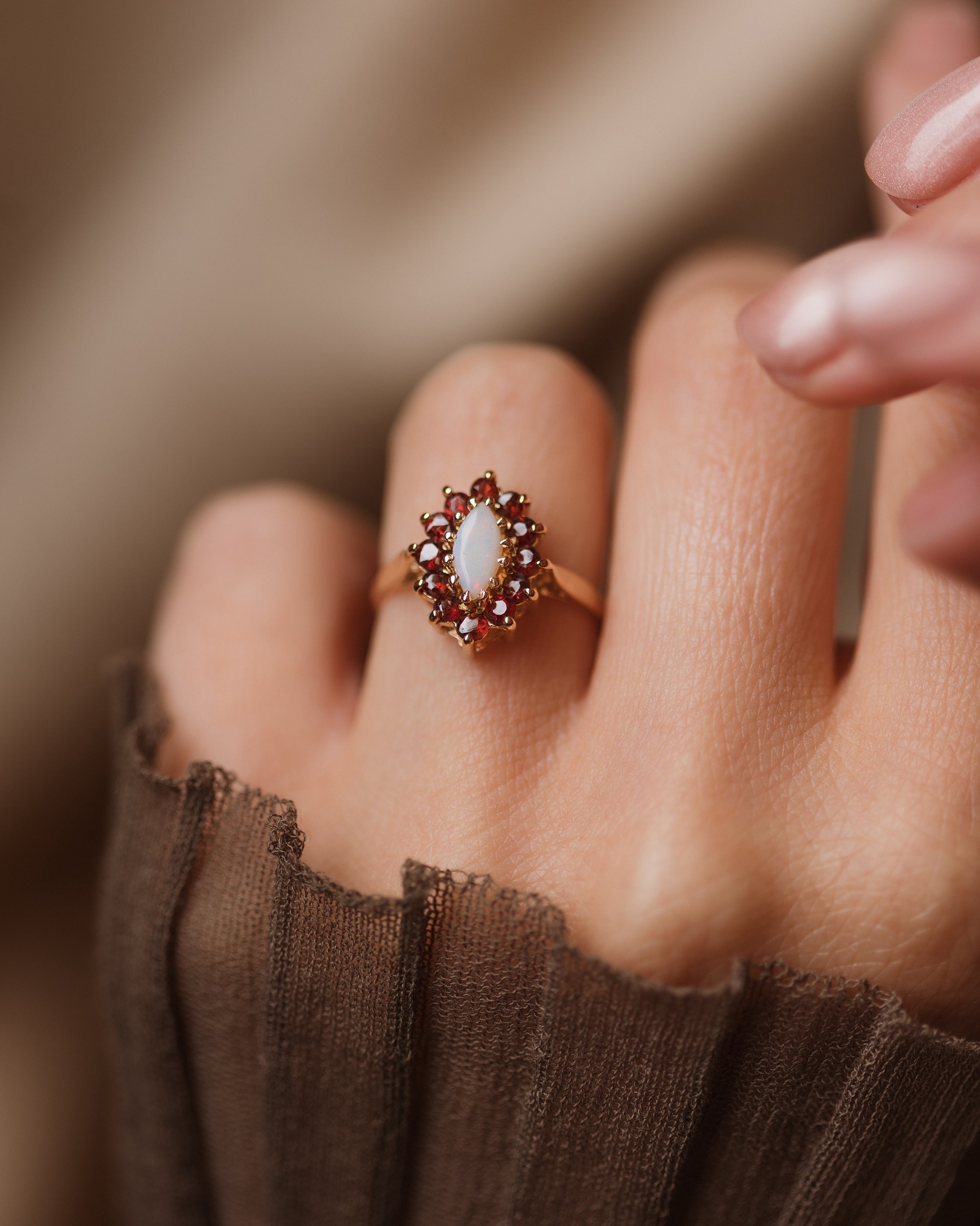 Rachel 1976 Vintage 9ct Gold Opal & Garnet Marquise Cluster Ring