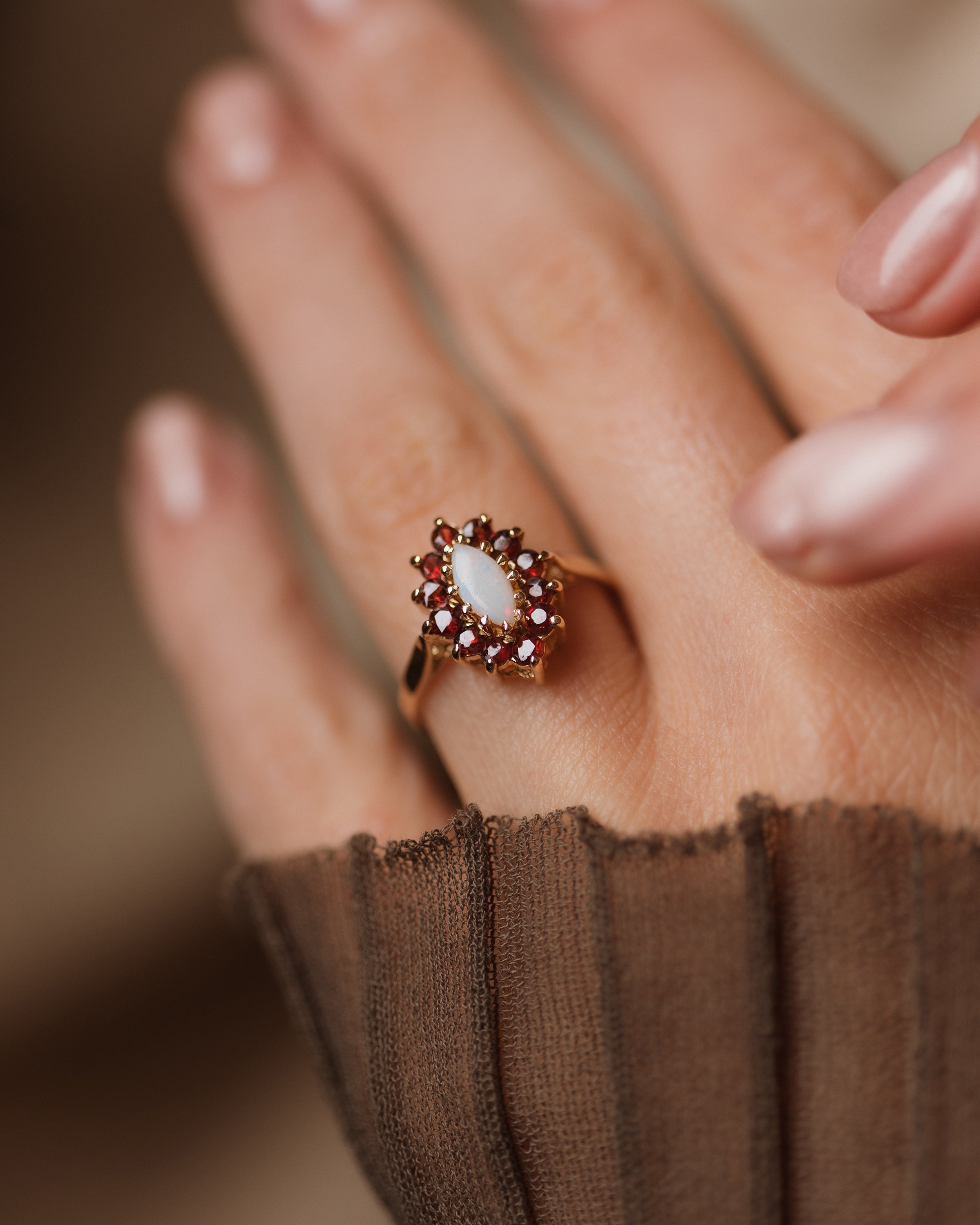 Image of Rachel 1976 Vintage 9ct Gold Opal & Garnet Marquise Cluster Ring