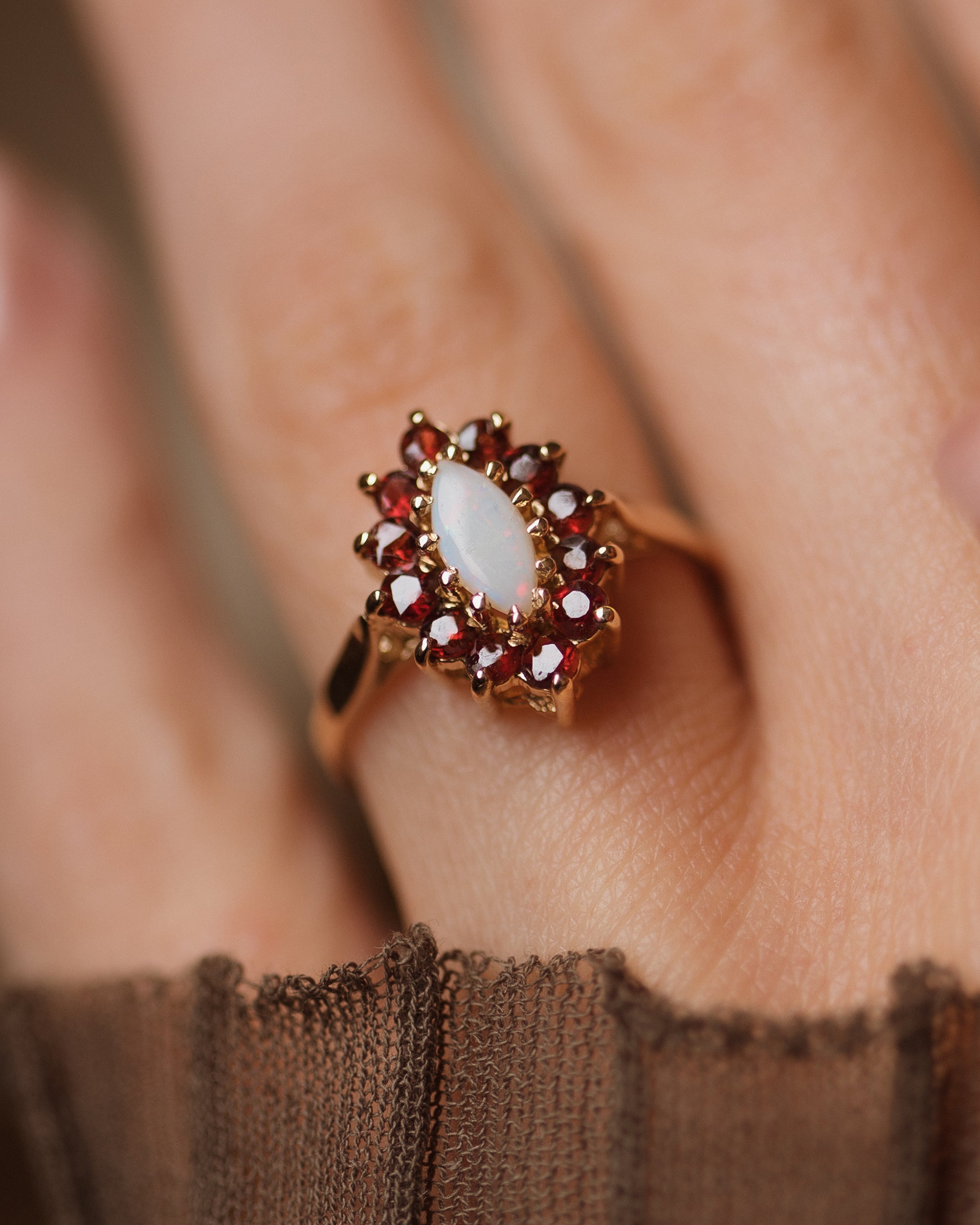 Rachel 1976 Vintage 9ct Gold Opal & Garnet Marquise Cluster Ring