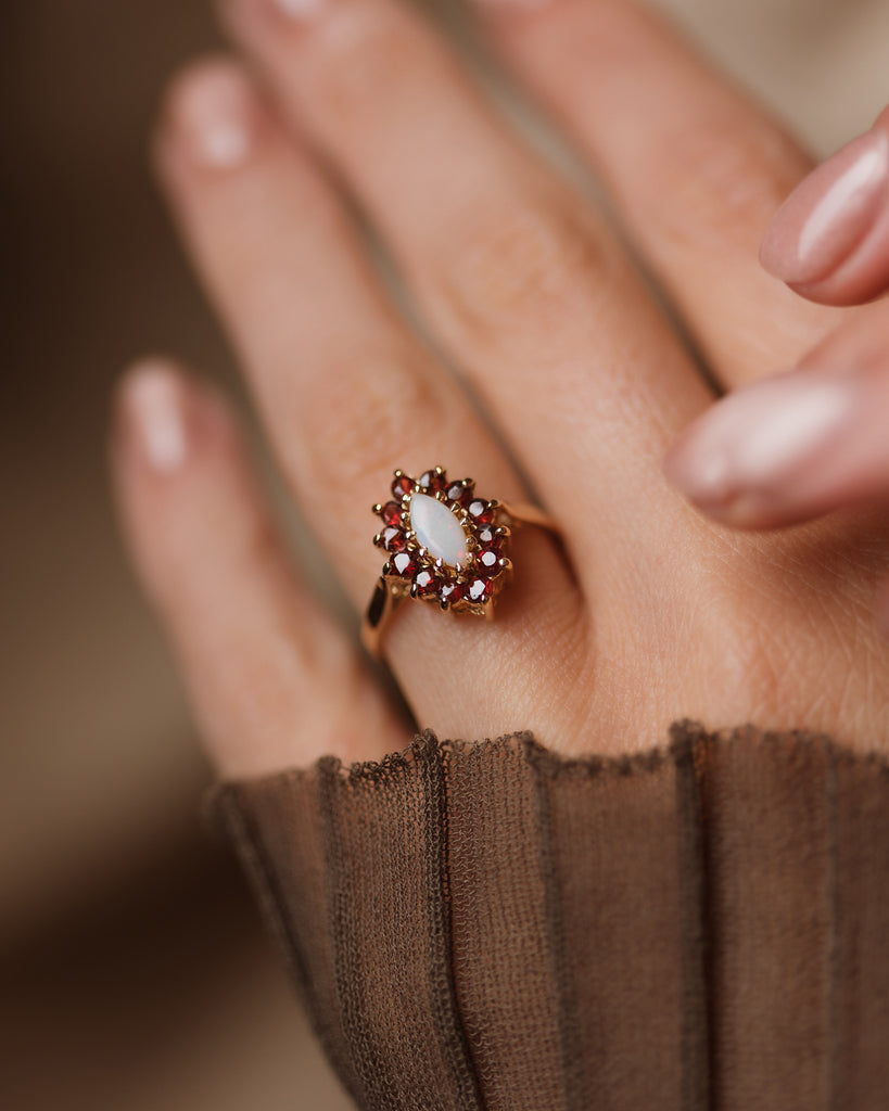 Rachel 1976 Vintage 9ct Gold Opal & Garnet Marquise Cluster Ring