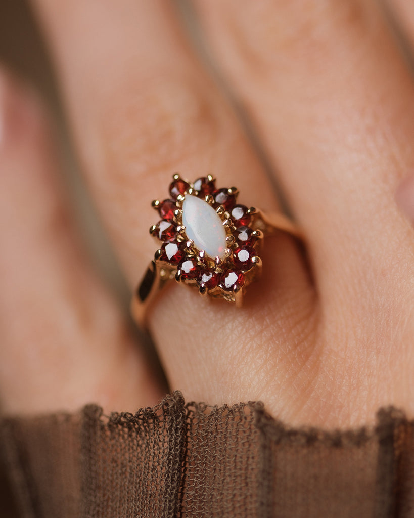 Rachel 1976 Vintage 9ct Gold Opal & Garnet Marquise Cluster Ring
