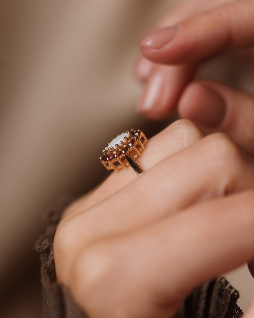 Rachel 1976 Vintage 9ct Gold Opal & Garnet Marquise Cluster Ring