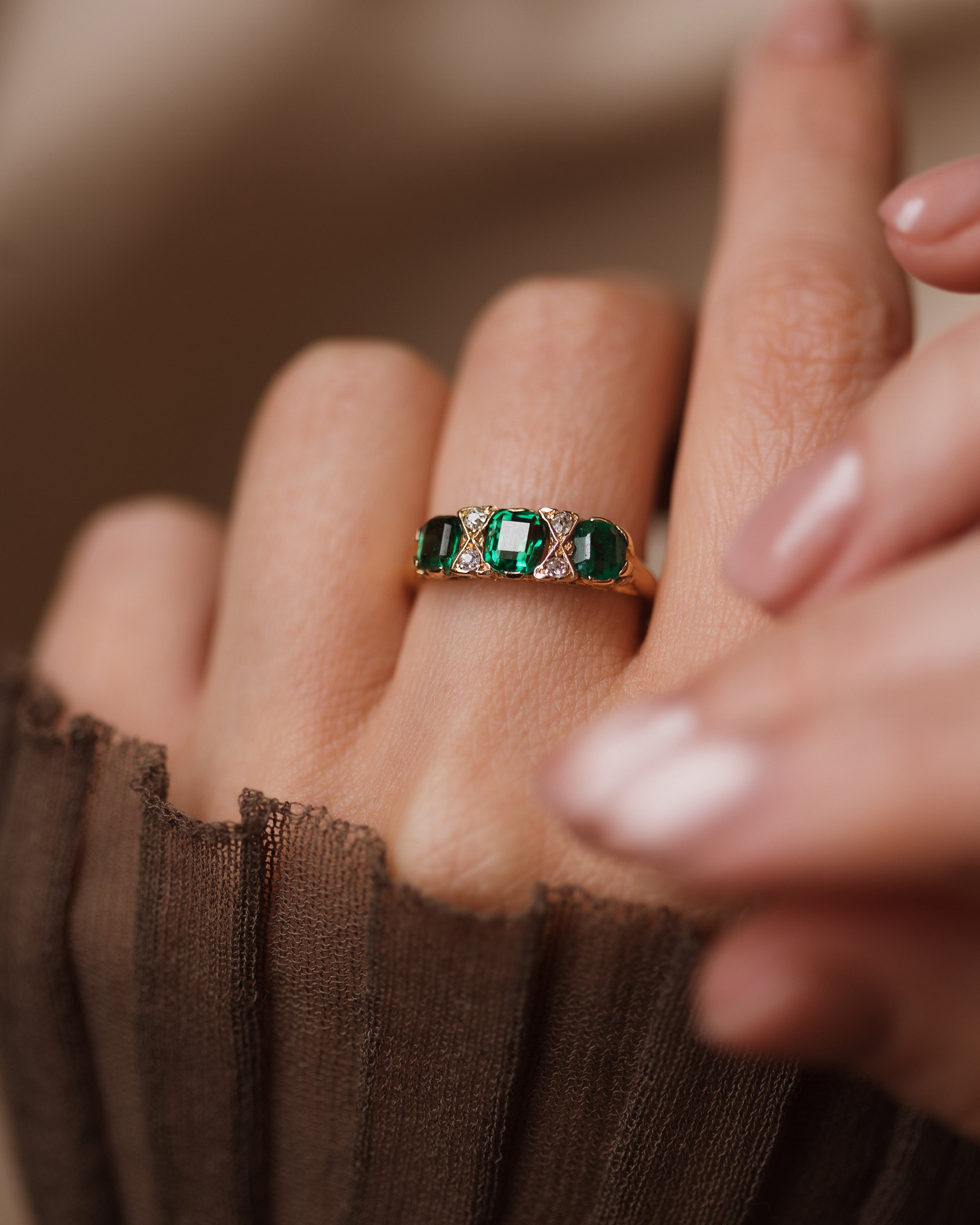 Lucy 1905 Antique 18ct Gold Emerald & Diamond Seven Stone Ring