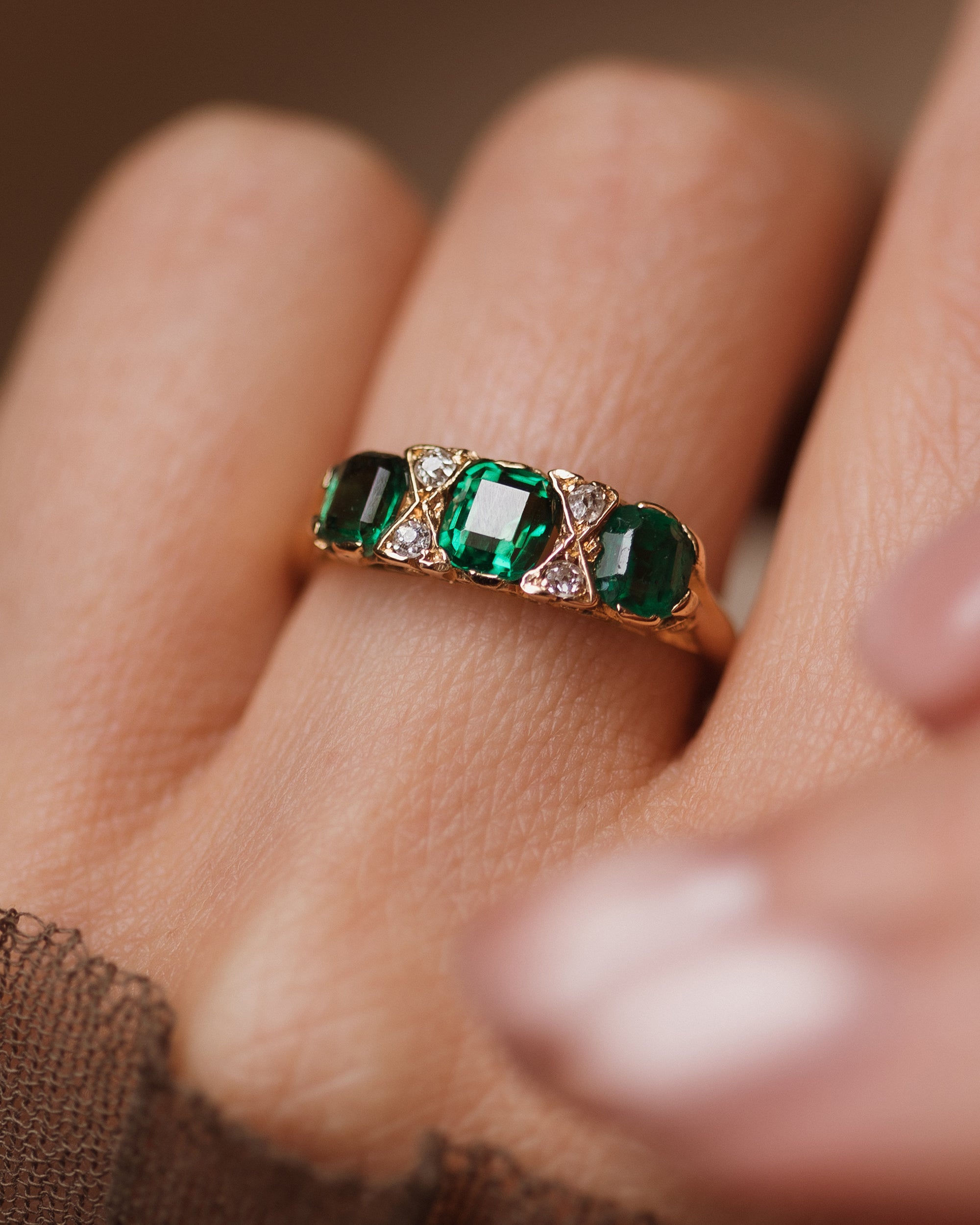 Lucy 1905 Antique 18ct Gold Emerald & Diamond Seven Stone Ring