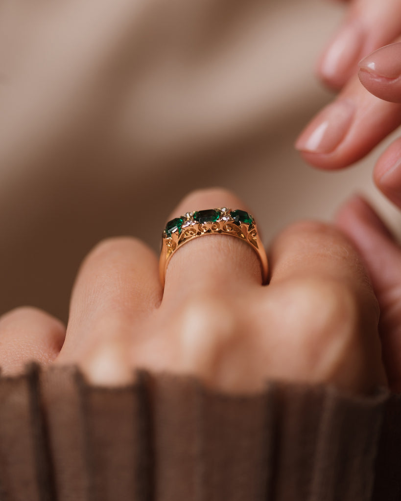 Lucy 1905 Antique 18ct Gold Emerald & Diamond Seven Stone Ring