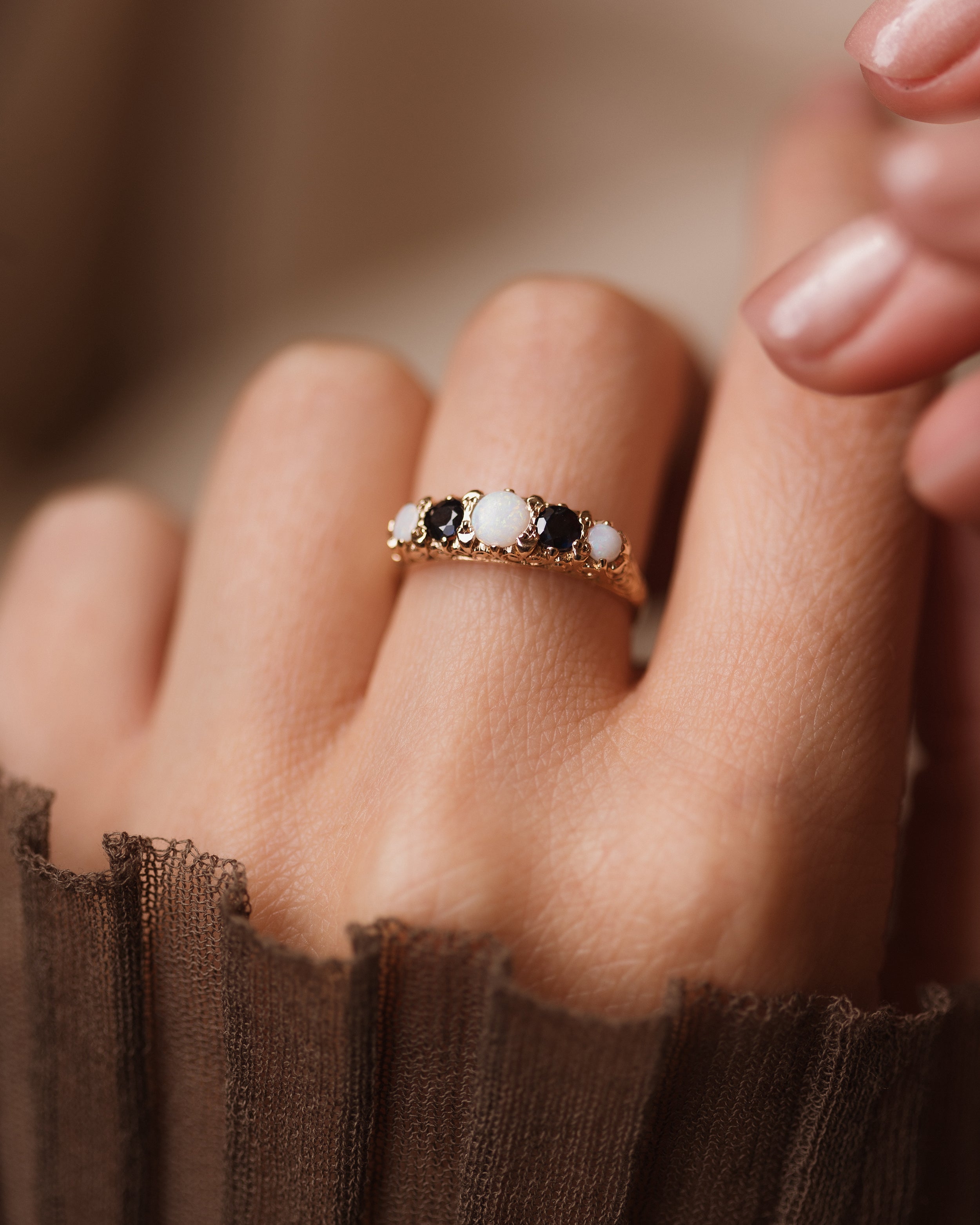 Image of Inez 1977 Vintage 9ct Gold Opal & Sapphire Five Stone Ring