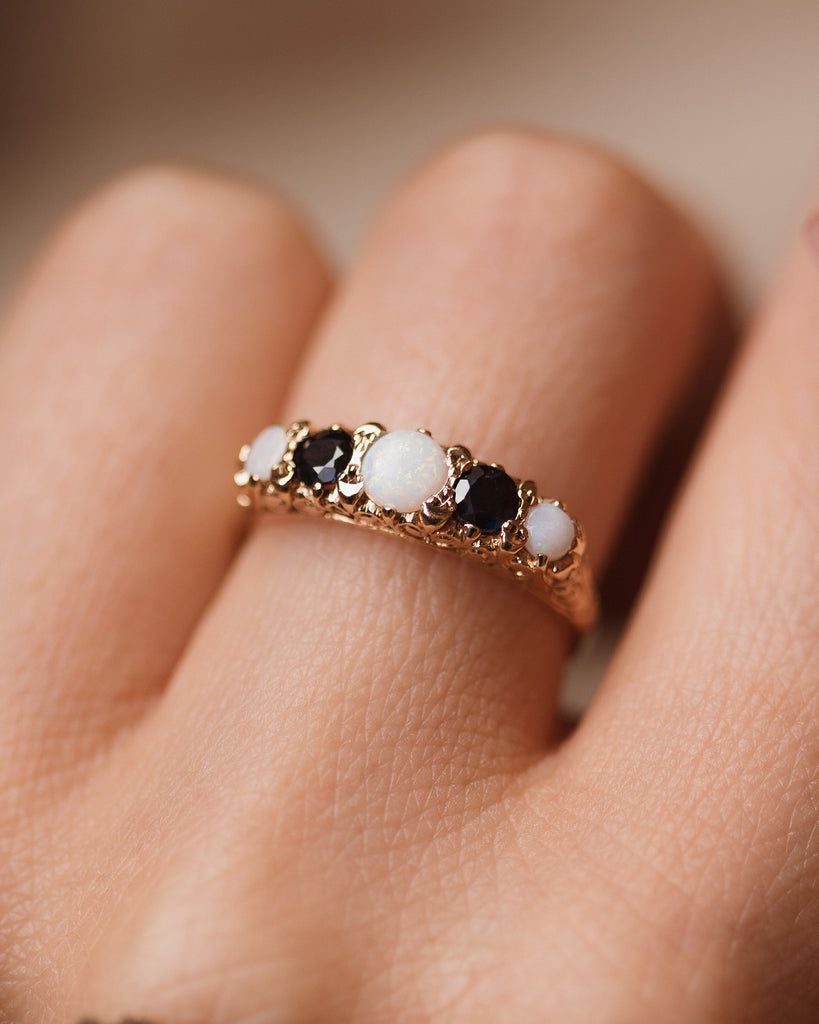 Inez 1977 Vintage 9ct Gold Opal & Sapphire Five Stone Ring