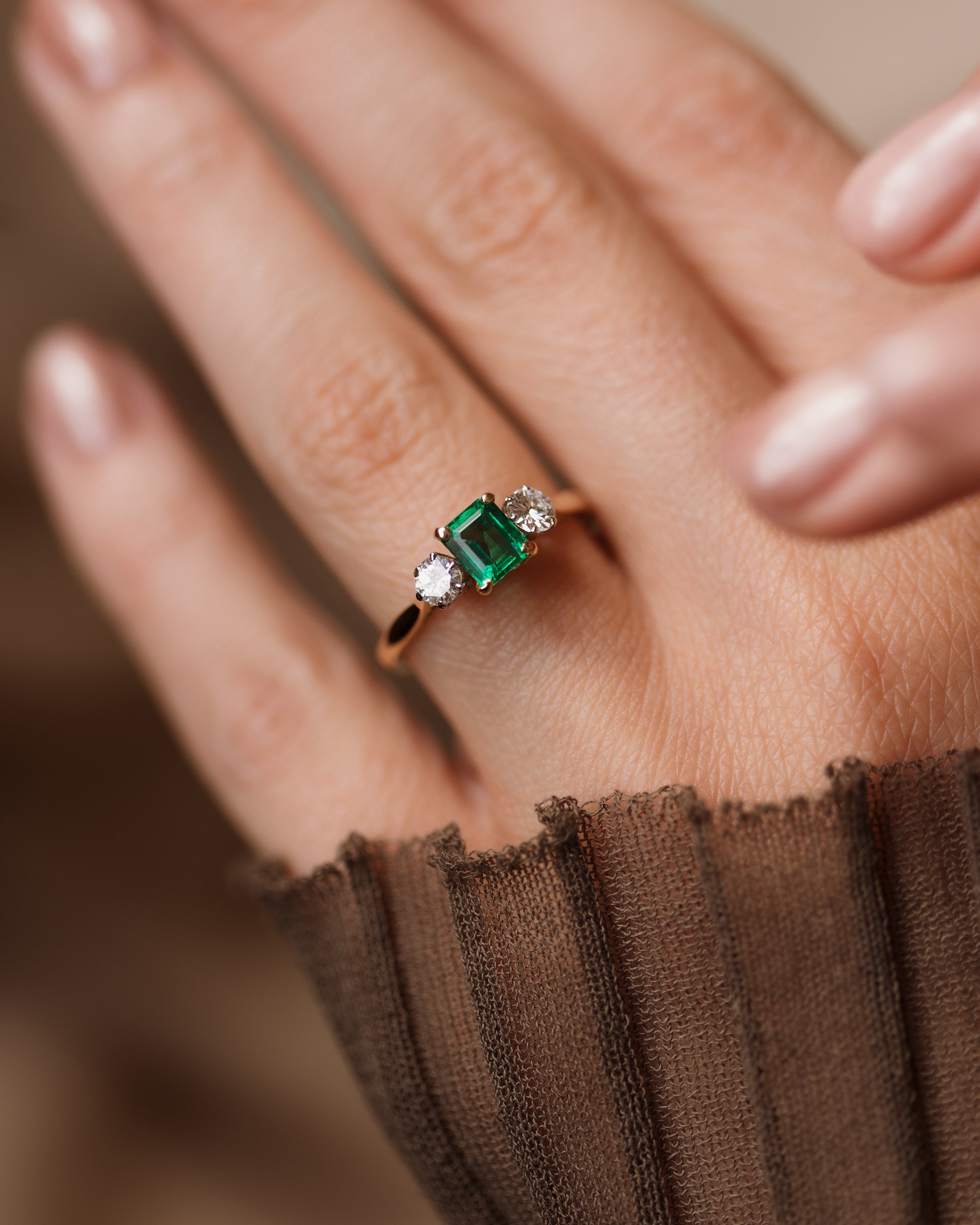 Image of Francisca Vintage 18ct Gold Emerald & Diamond Trilogy Ring