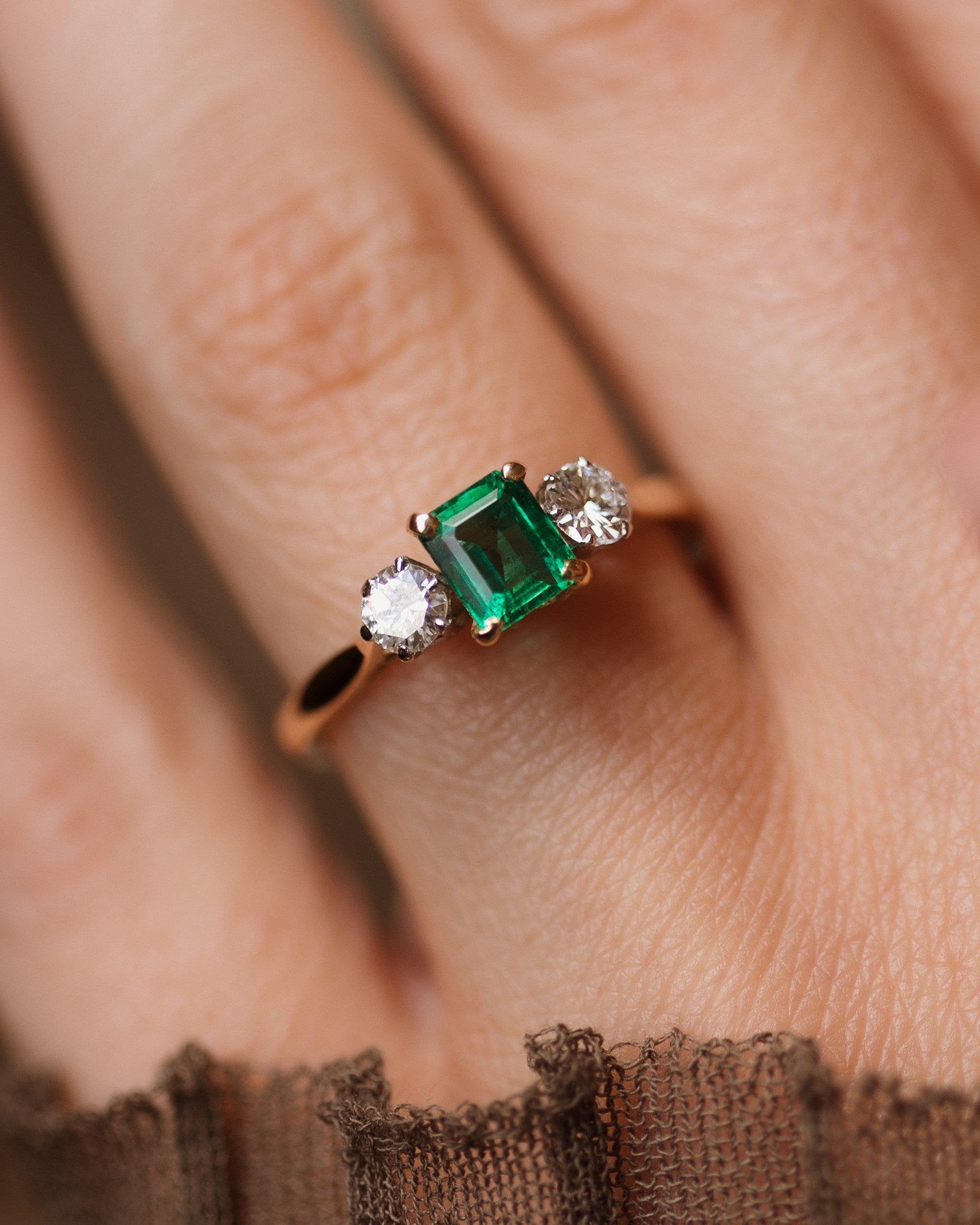 Francisca Vintage 18ct Gold Emerald & Diamond Trilogy Ring