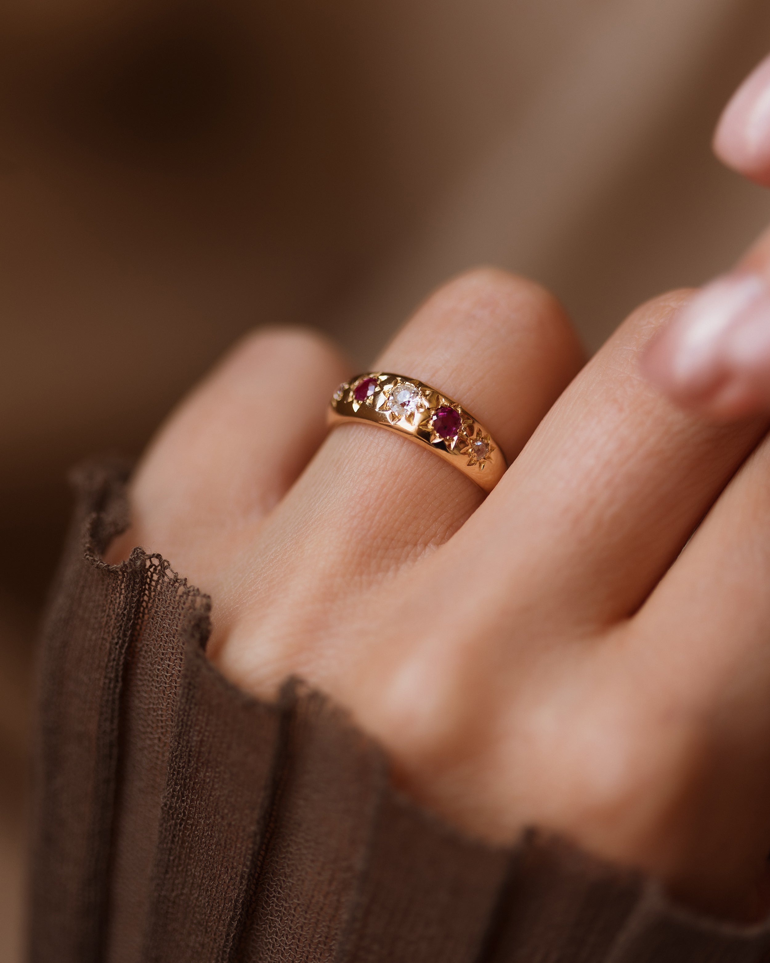 Image of Penelope 1903 Antique 18ct Gold Star Set Diamond & Ruby Five Stone Ring