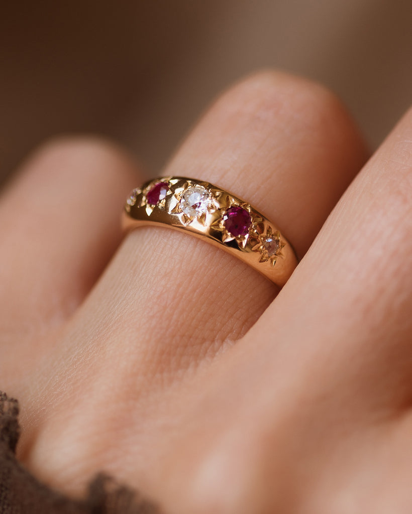 Penelope 1903 Antique 18ct Gold Star Set Diamond & Ruby Five Stone Ring