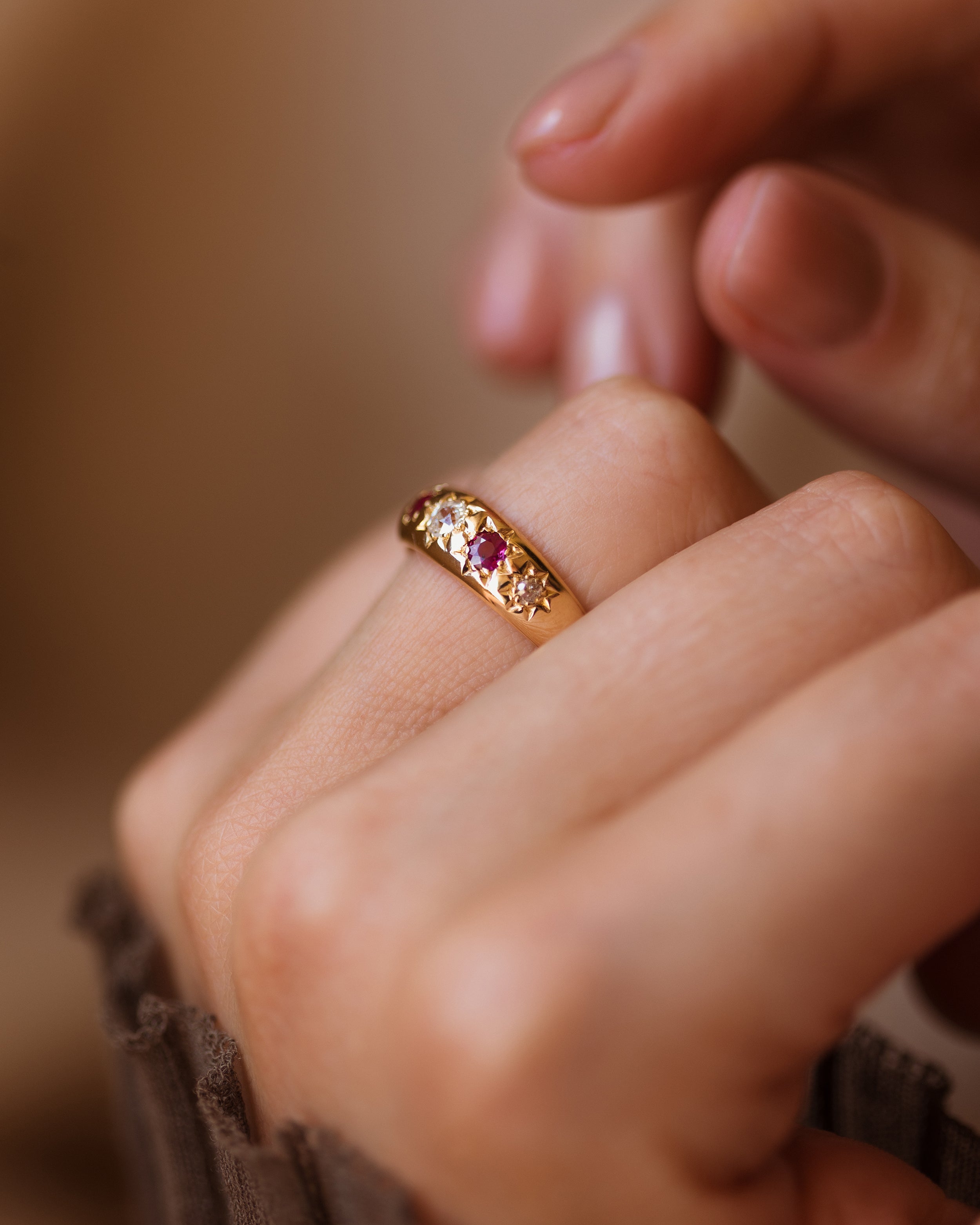 Penelope 1903 Antique 18ct Gold Star Set Diamond & Ruby Five Stone Ring